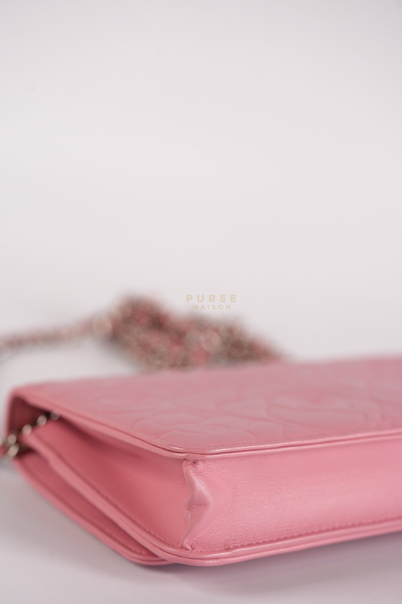 Camellia Embossed Wallet On Chain (WOC) in Pink Lambskin Leather and Silver Hardware Series 16 | Purse Maison Luxury Bags Shop