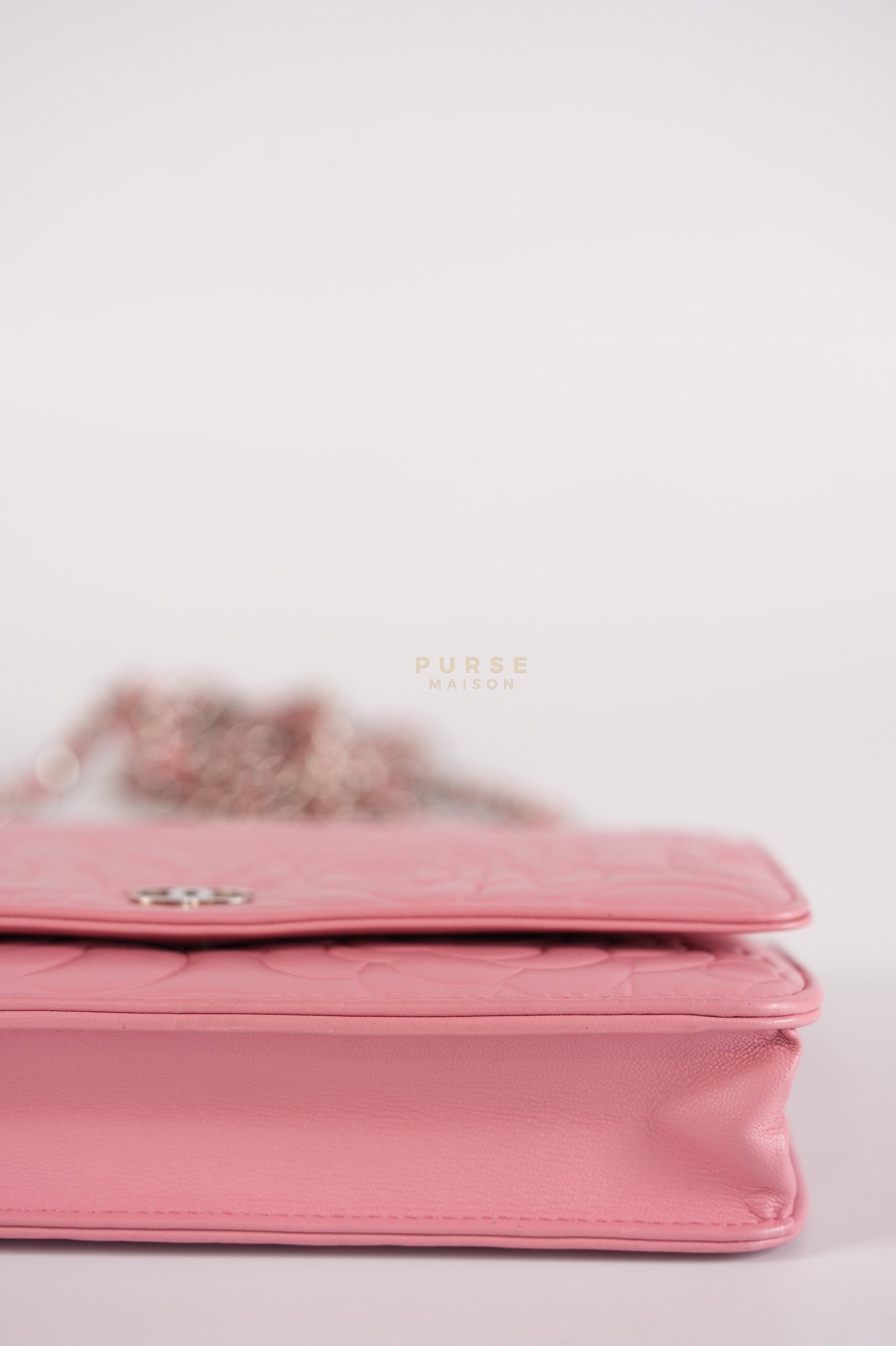 Camellia Embossed Wallet On Chain (WOC) in Pink Lambskin Leather and Silver Hardware Series 16 | Purse Maison Luxury Bags Shop