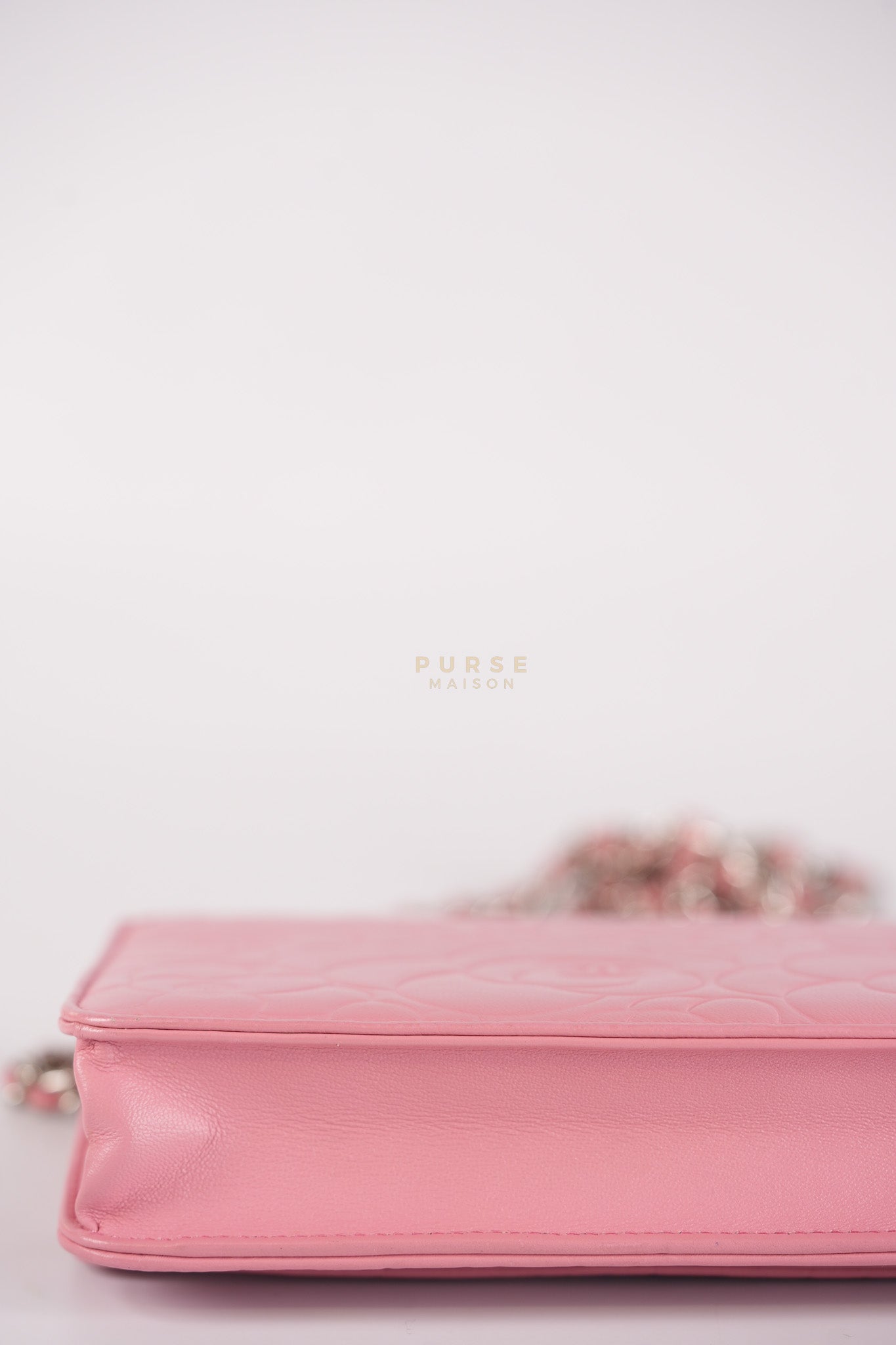 Camellia Embossed Wallet On Chain (WOC) in Pink Lambskin Leather and Silver Hardware Series 16 | Purse Maison Luxury Bags Shop