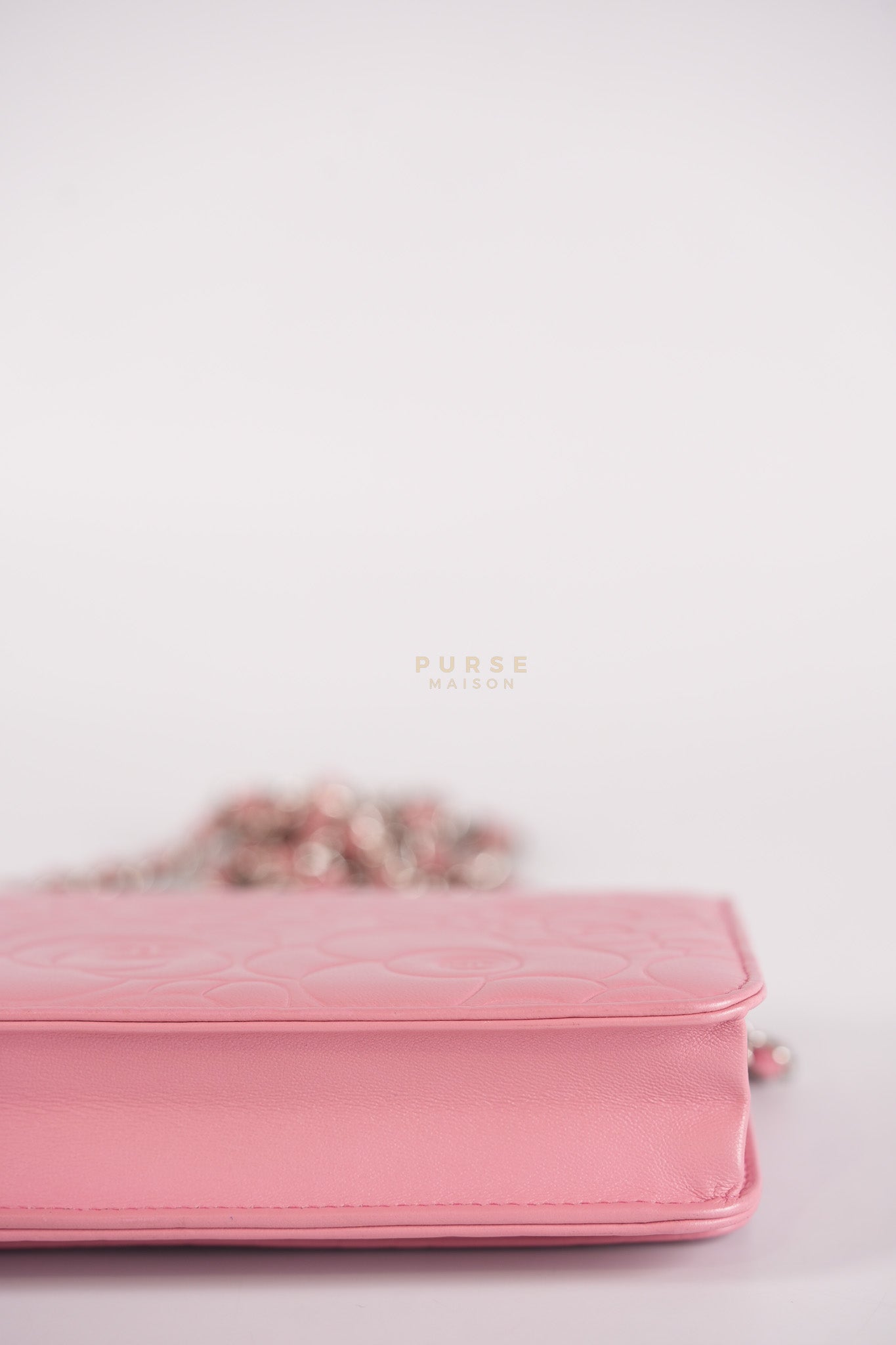 Camellia Embossed Wallet On Chain (WOC) in Pink Lambskin Leather and Silver Hardware Series 16 | Purse Maison Luxury Bags Shop