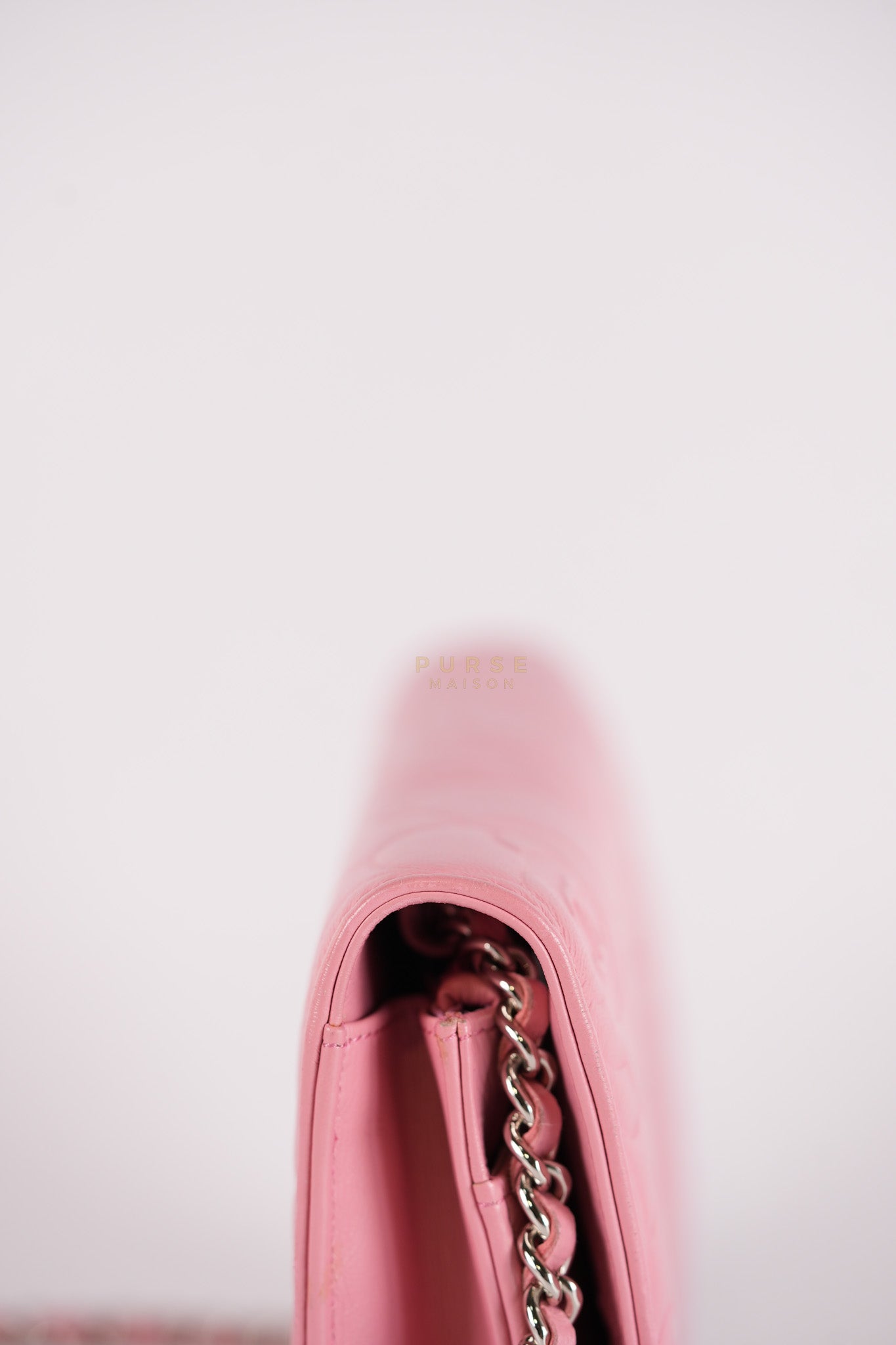 Camellia Embossed Wallet On Chain (WOC) in Pink Lambskin Leather and Silver Hardware Series 16 | Purse Maison Luxury Bags Shop