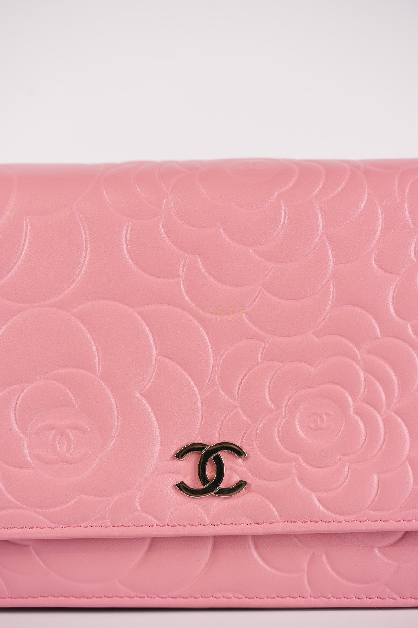 Camellia Embossed Wallet On Chain (WOC) in Pink Lambskin Leather and Silver Hardware Series 16 | Purse Maison Luxury Bags Shop