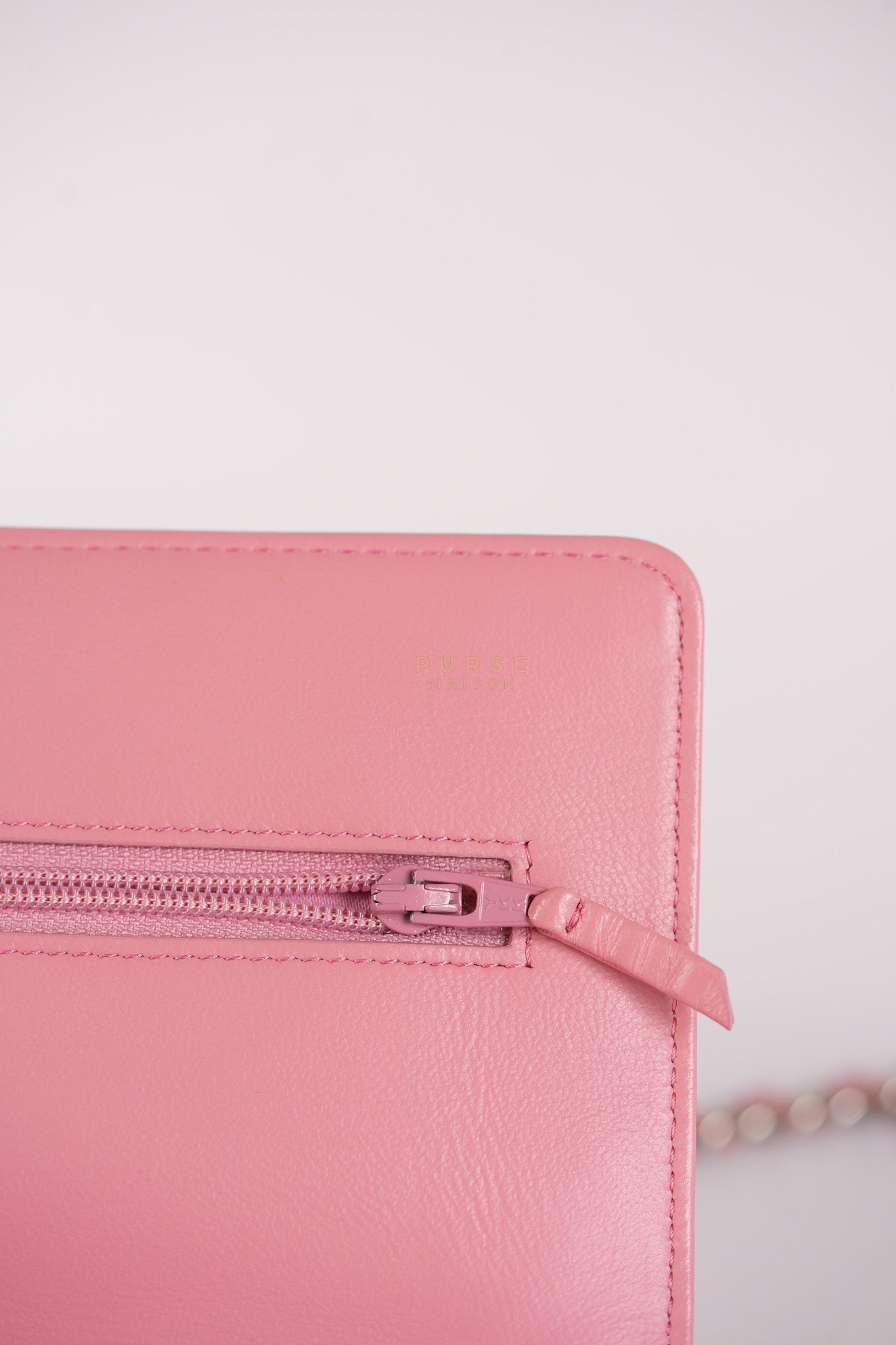 Camellia Embossed Wallet On Chain (WOC) in Pink Lambskin Leather and Silver Hardware Series 16 | Purse Maison Luxury Bags Shop