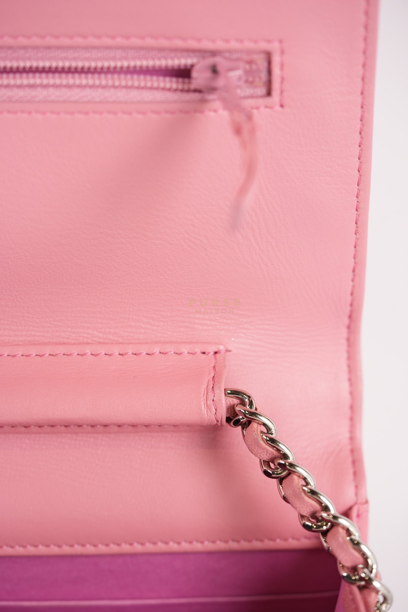 Camellia Embossed Wallet On Chain (WOC) in Pink Lambskin Leather and Silver Hardware Series 16 | Purse Maison Luxury Bags Shop