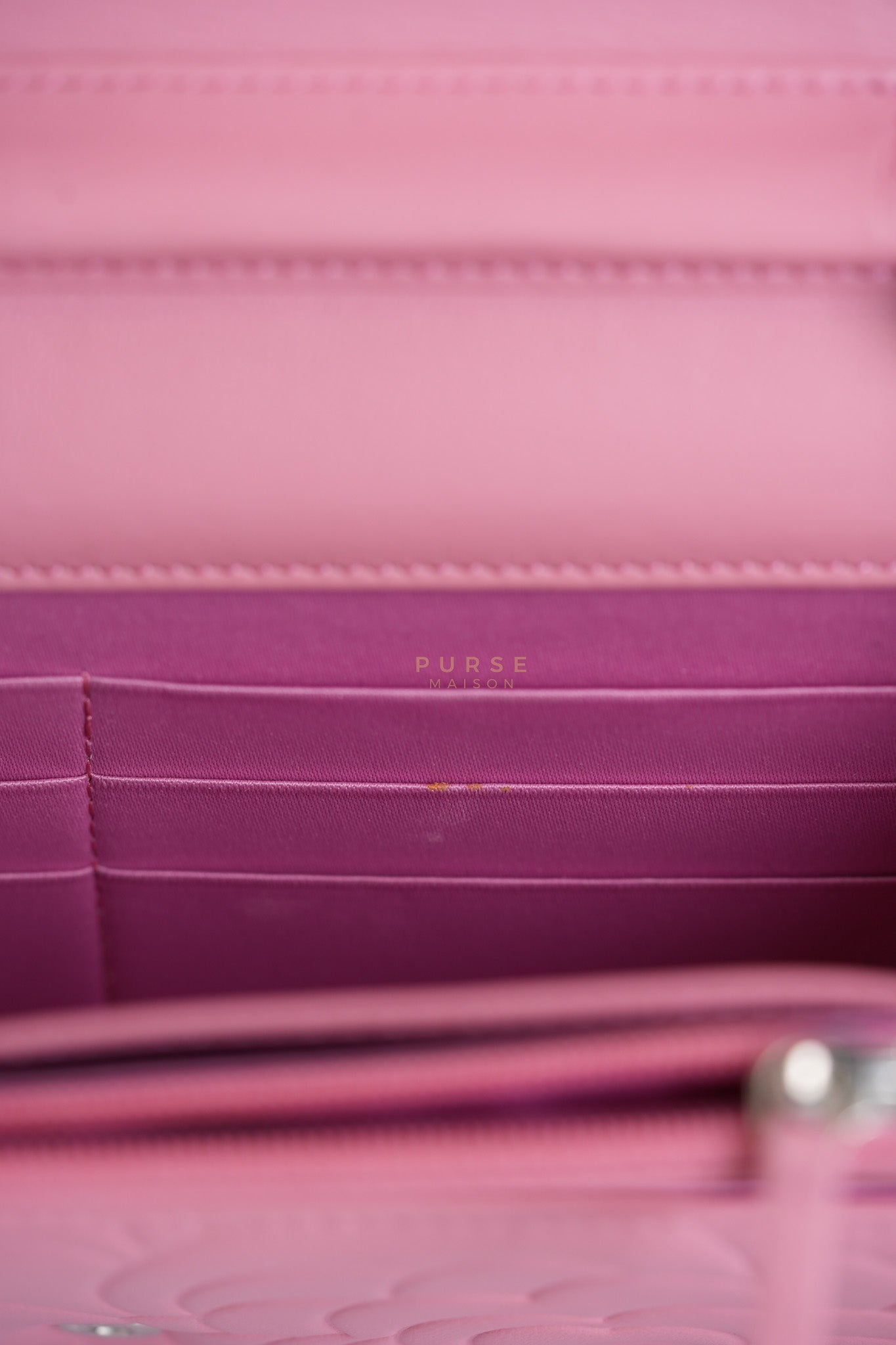 Camellia Embossed Wallet On Chain (WOC) in Pink Lambskin Leather and Silver Hardware Series 16 | Purse Maison Luxury Bags Shop