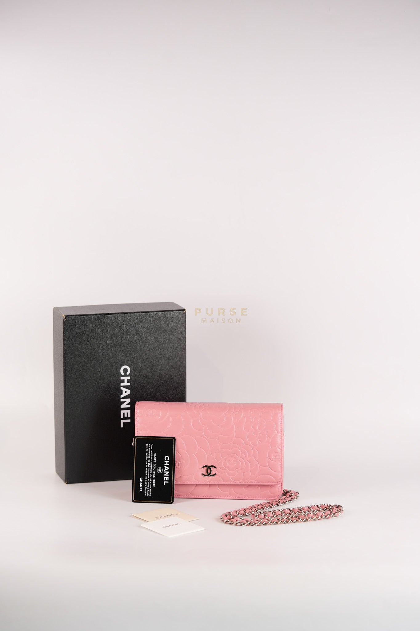 Camellia Embossed Wallet On Chain (WOC) in Pink Lambskin Leather and Silver Hardware Series 16 | Purse Maison Luxury Bags Shop