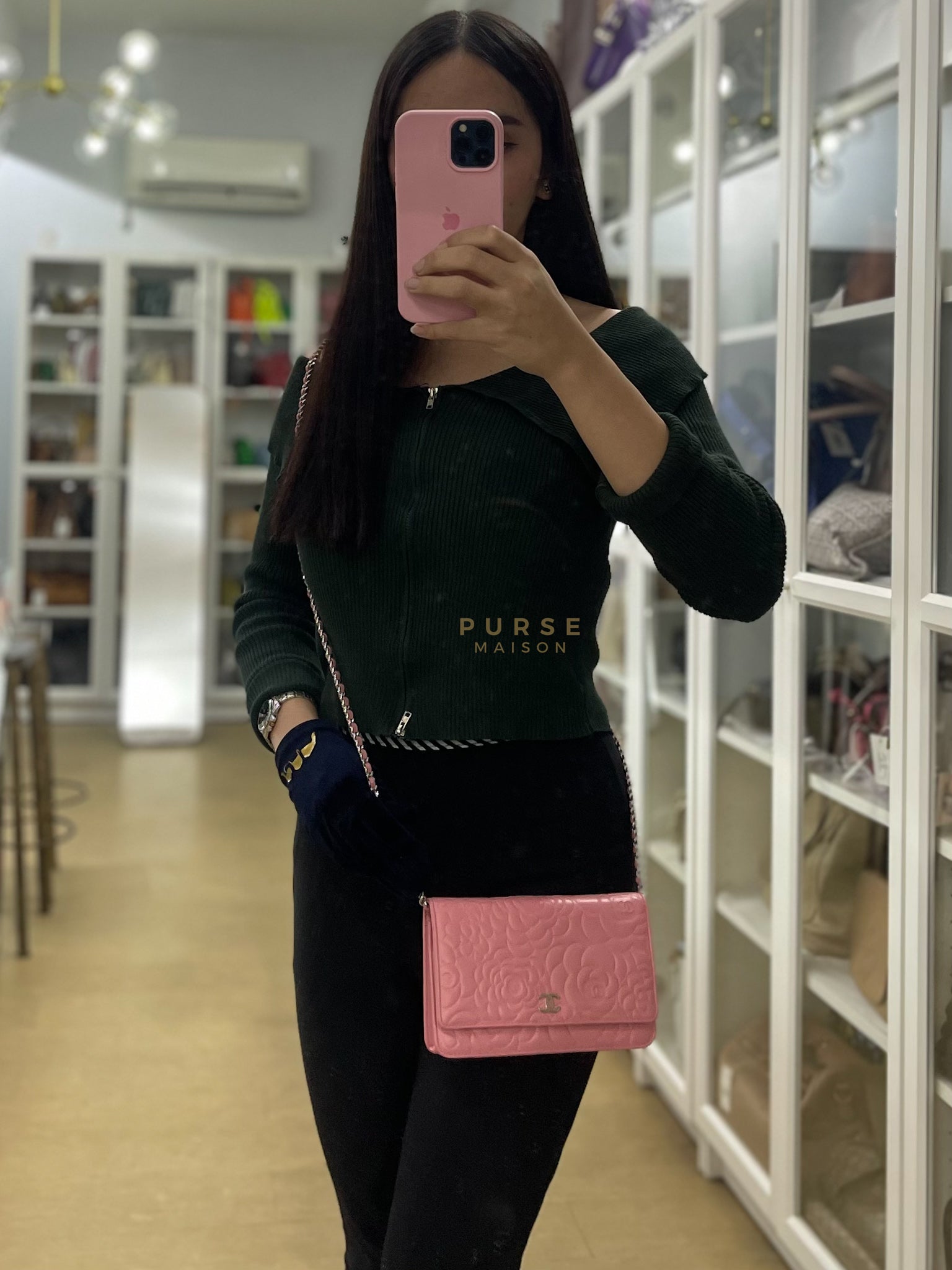 Camellia Embossed Wallet On Chain (WOC) in Pink Lambskin Leather and Silver Hardware Series 16 | Purse Maison Luxury Bags Shop