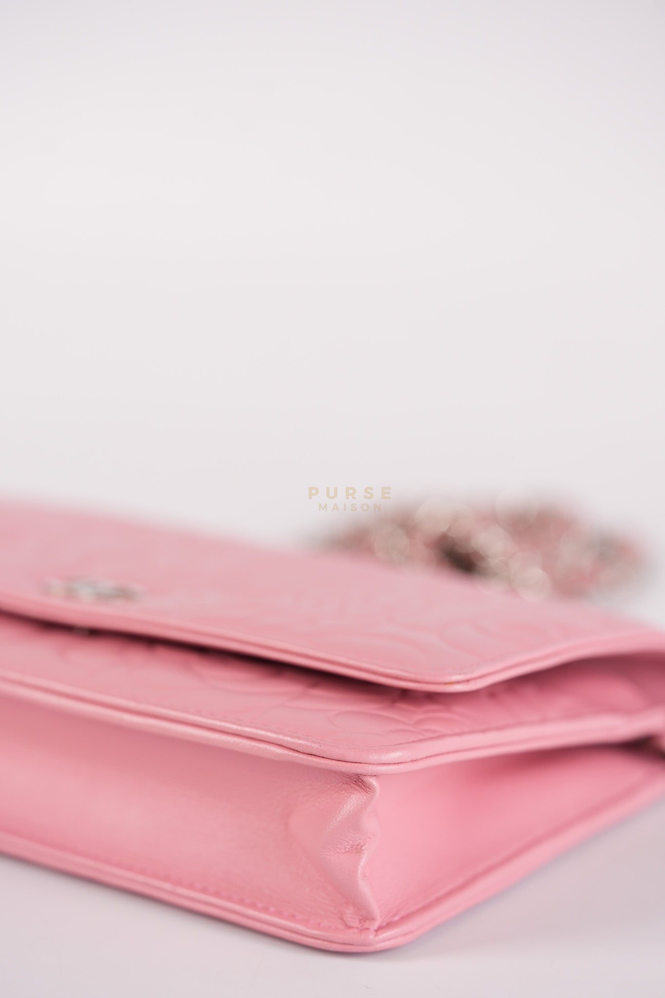 Camellia Embossed Wallet On Chain (WOC) in Pink Lambskin Leather and Silver Hardware Series 16 | Purse Maison Luxury Bags Shop