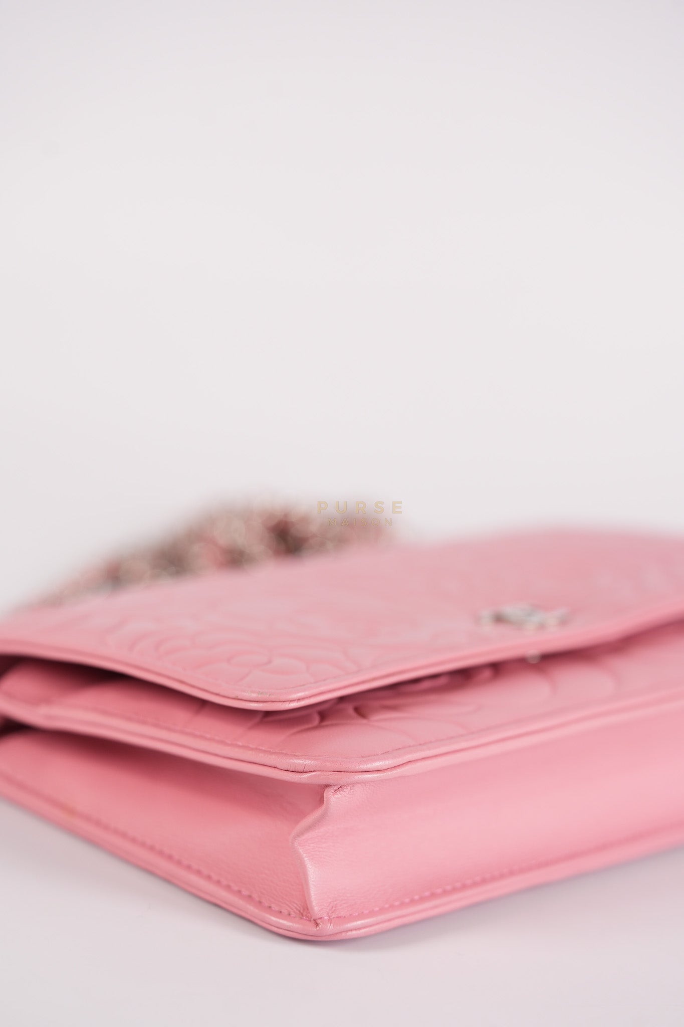 Camellia Embossed Wallet On Chain (WOC) in Pink Lambskin Leather and Silver Hardware Series 16 | Purse Maison Luxury Bags Shop