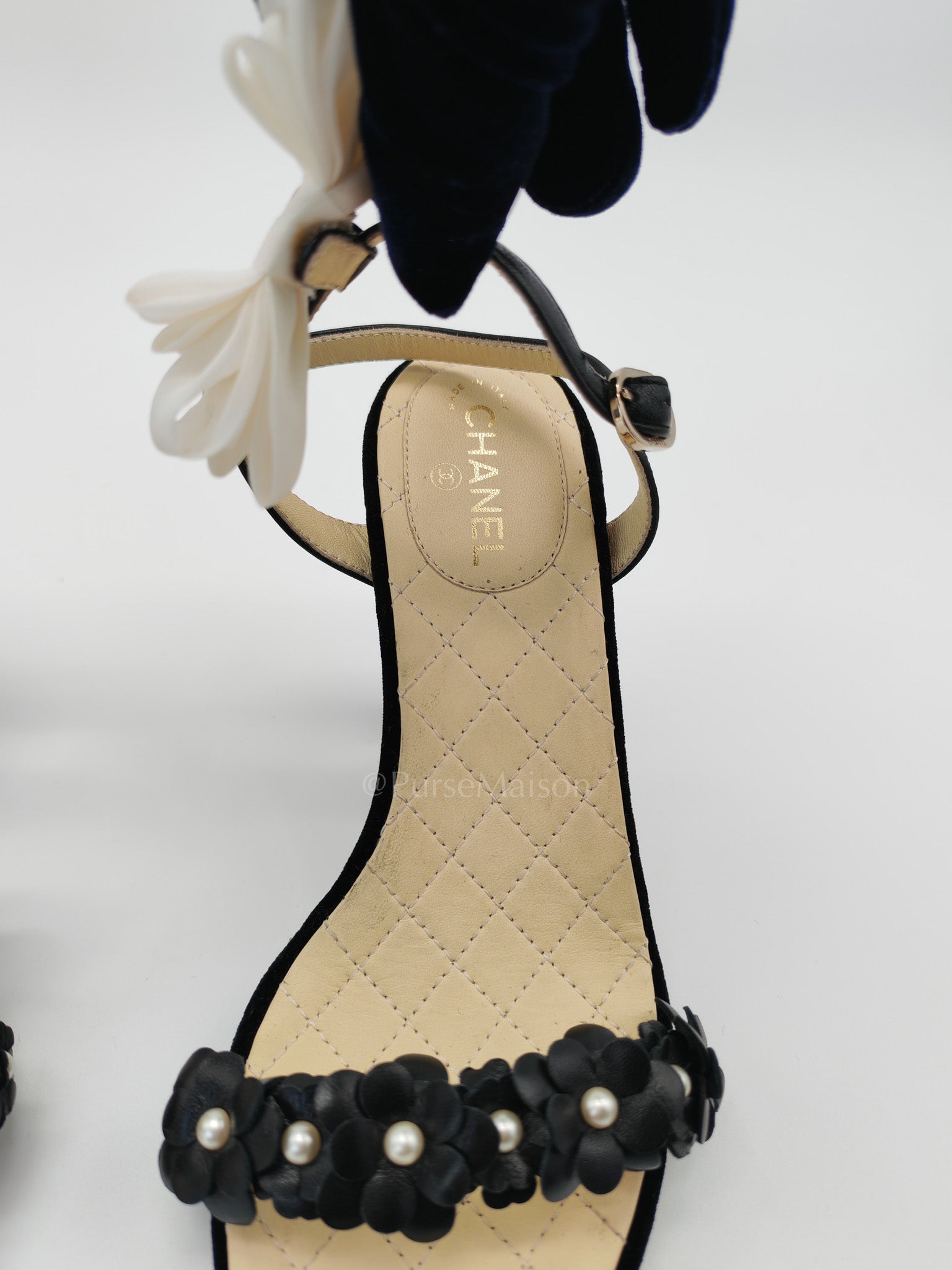 Camellia Pearl Embellished CC Bow Ankle Strap Lambskin Leather Sandals Size 34.5EU (21.5CM) | Purse Maison Luxury Bags Shop