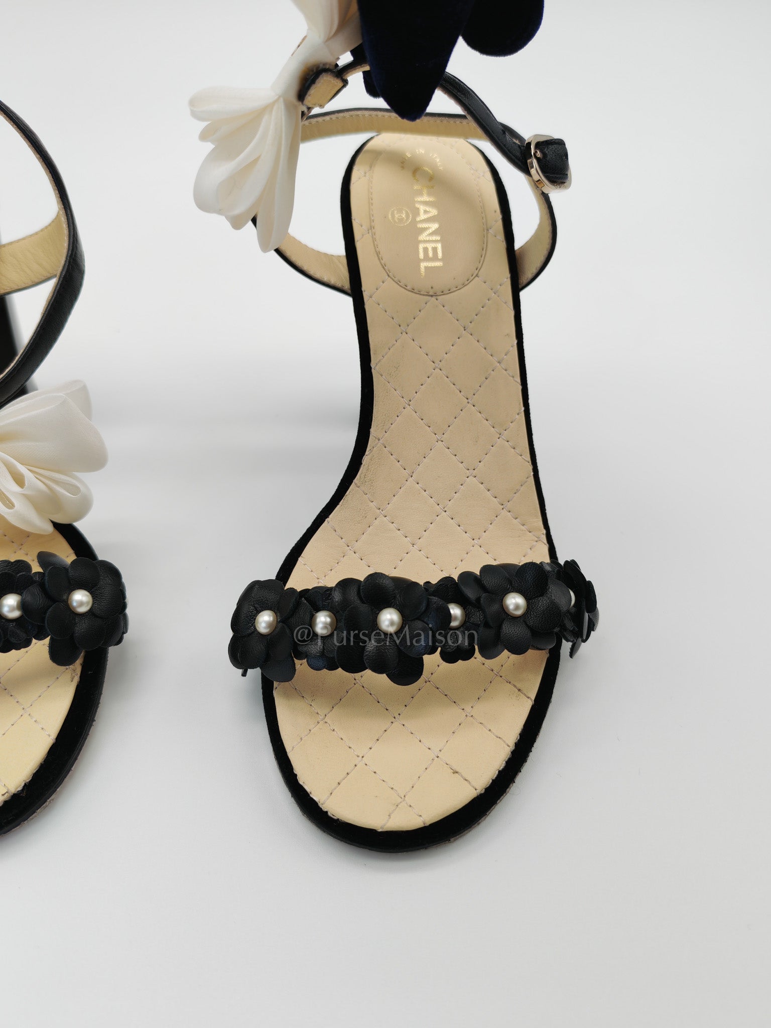 Camellia Pearl Embellished CC Bow Ankle Strap Lambskin Leather Sandals Size 34.5EU (21.5CM) | Purse Maison Luxury Bags Shop