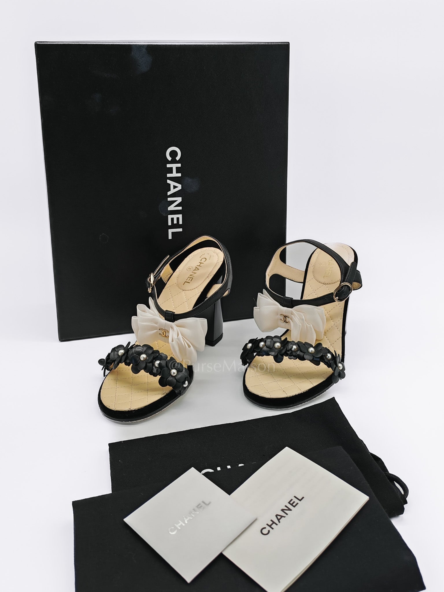 Camellia Pearl Embellished CC Bow Ankle Strap Lambskin Leather Sandals Size 34.5EU (21.5CM) | Purse Maison Luxury Bags Shop