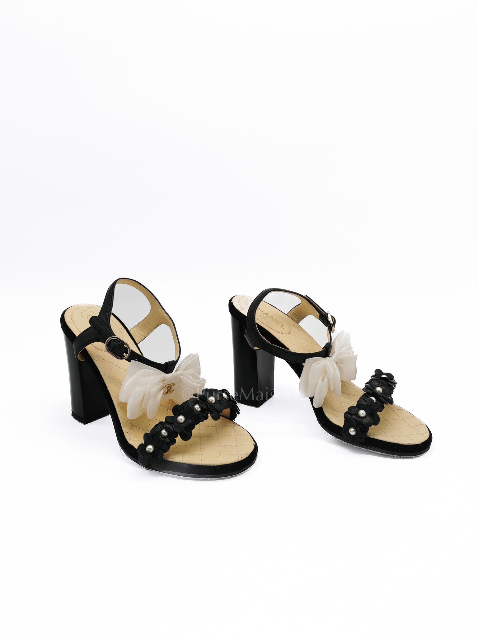 Camellia Pearl Embellished CC Bow Ankle Strap Lambskin Leather Sandals Size 34.5EU (21.5CM) | Purse Maison Luxury Bags Shop