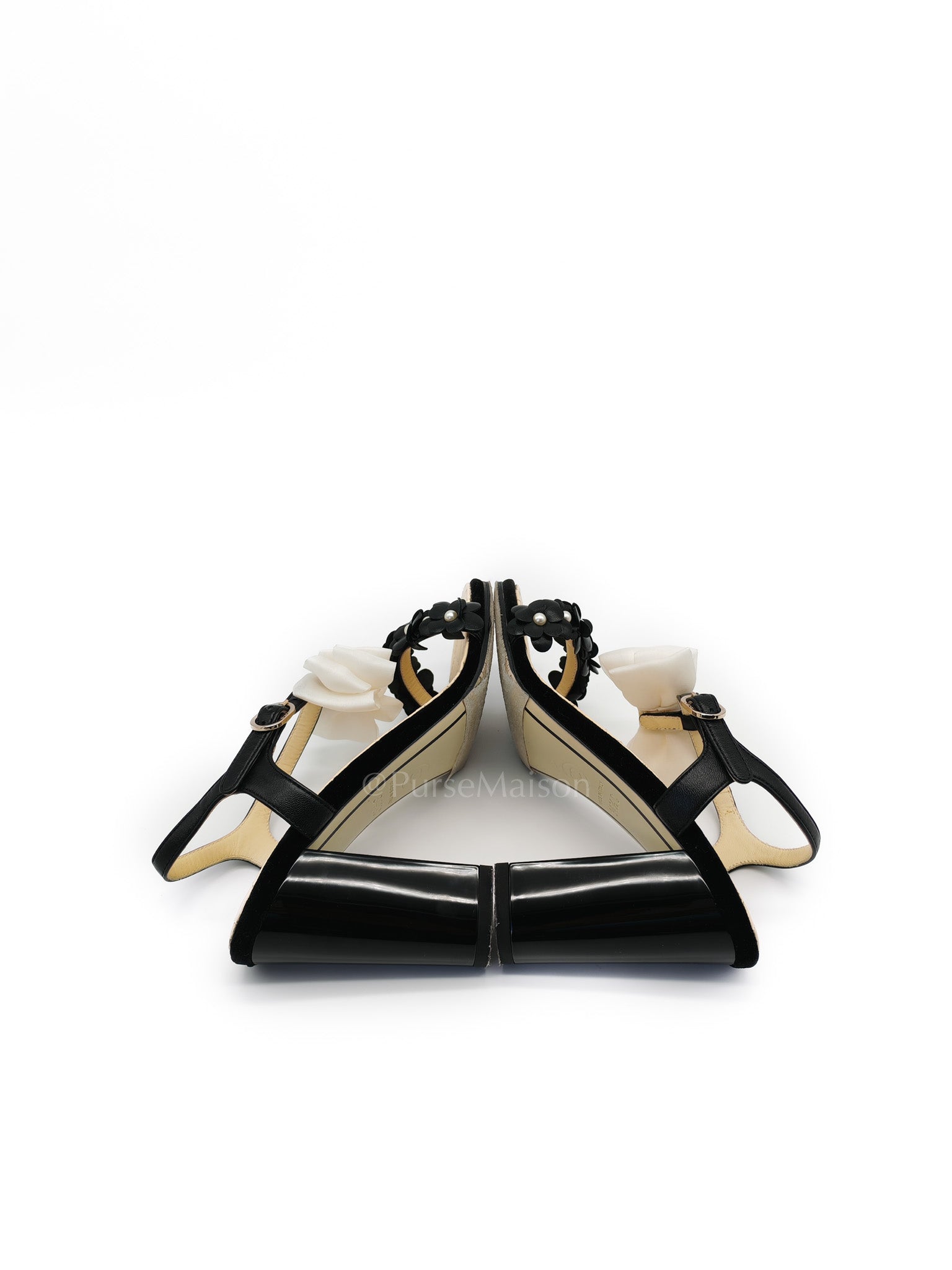 Camellia Pearl Embellished CC Bow Ankle Strap Lambskin Leather Sandals Size 34.5EU (21.5CM) | Purse Maison Luxury Bags Shop