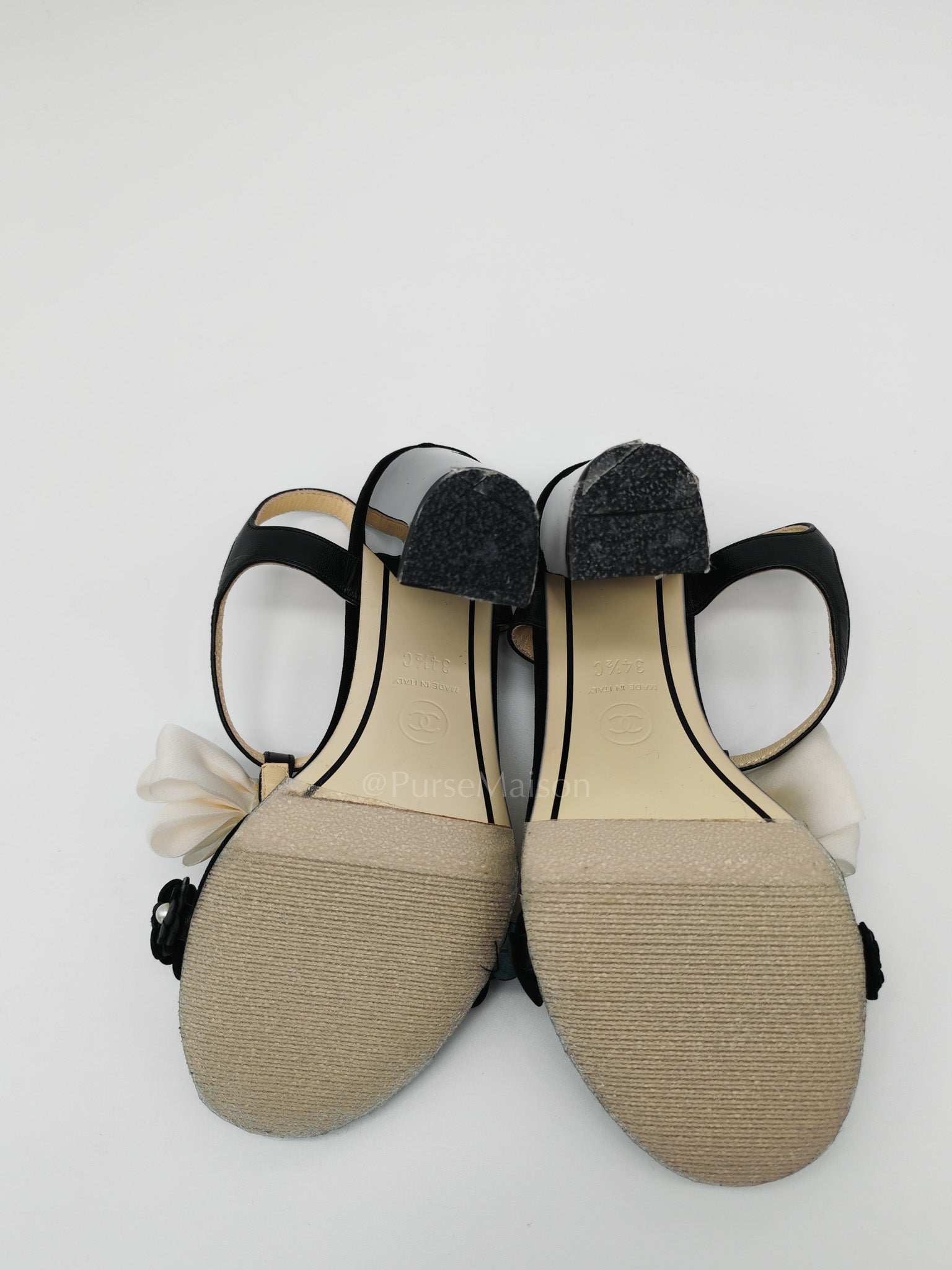 Camellia Pearl Embellished CC Bow Ankle Strap Lambskin Leather Sandals Size 34.5EU (21.5CM) | Purse Maison Luxury Bags Shop