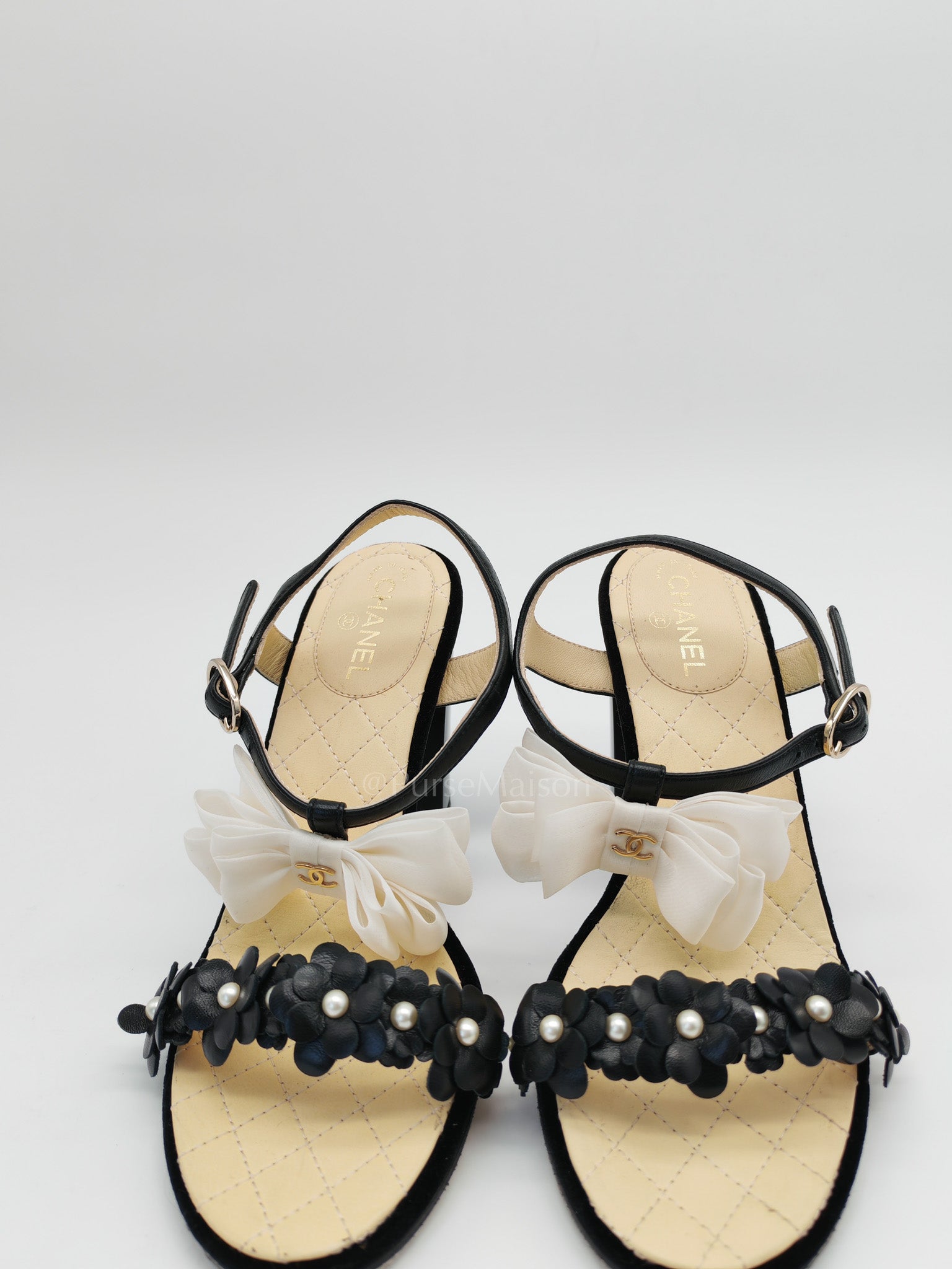 Camellia Pearl Embellished CC Bow Ankle Strap Lambskin Leather Sandals Size 34.5EU (21.5CM) | Purse Maison Luxury Bags Shop