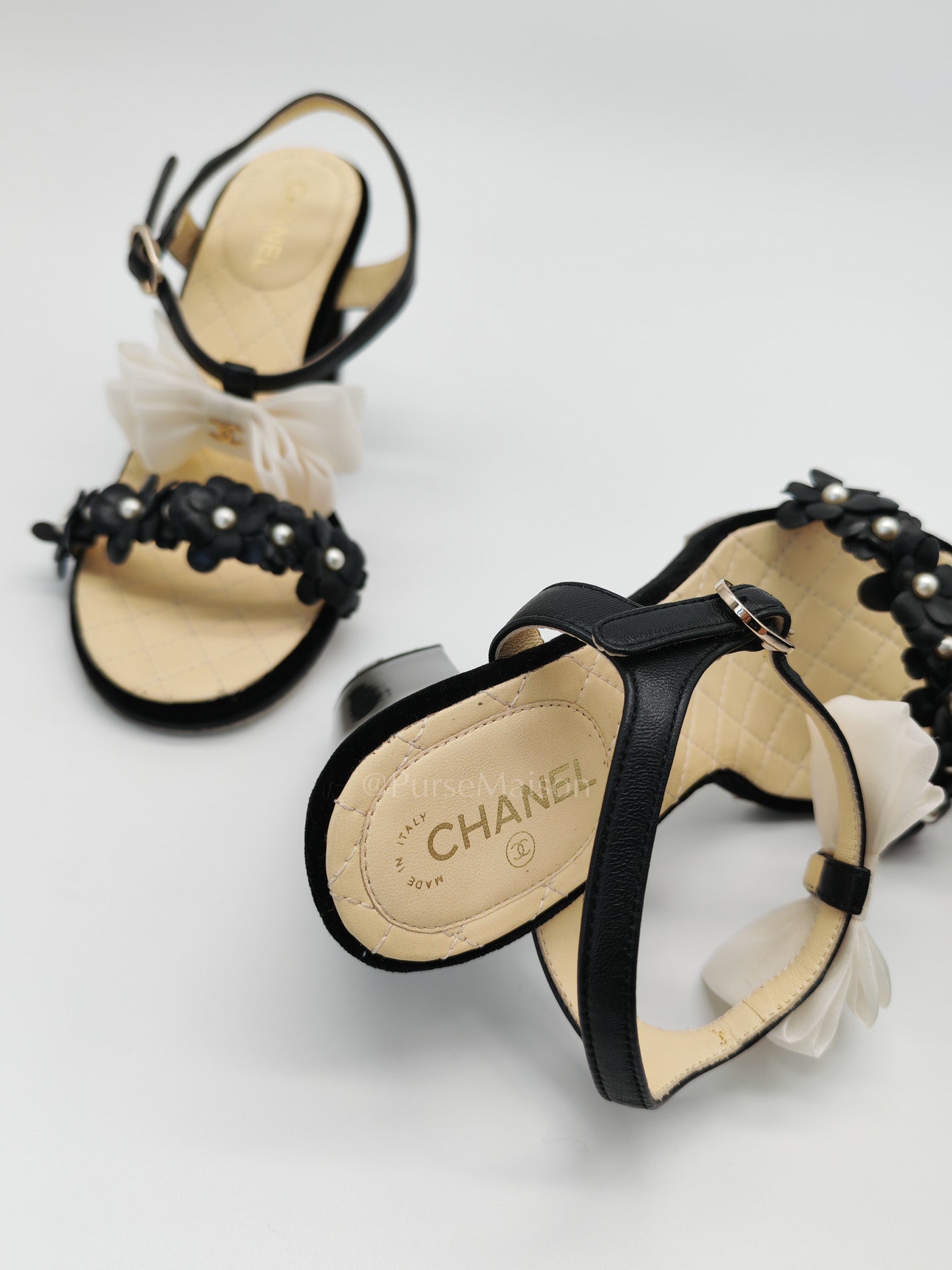 Camellia Pearl Embellished CC Bow Ankle Strap Lambskin Leather Sandals Size 34.5EU (21.5CM) | Purse Maison Luxury Bags Shop