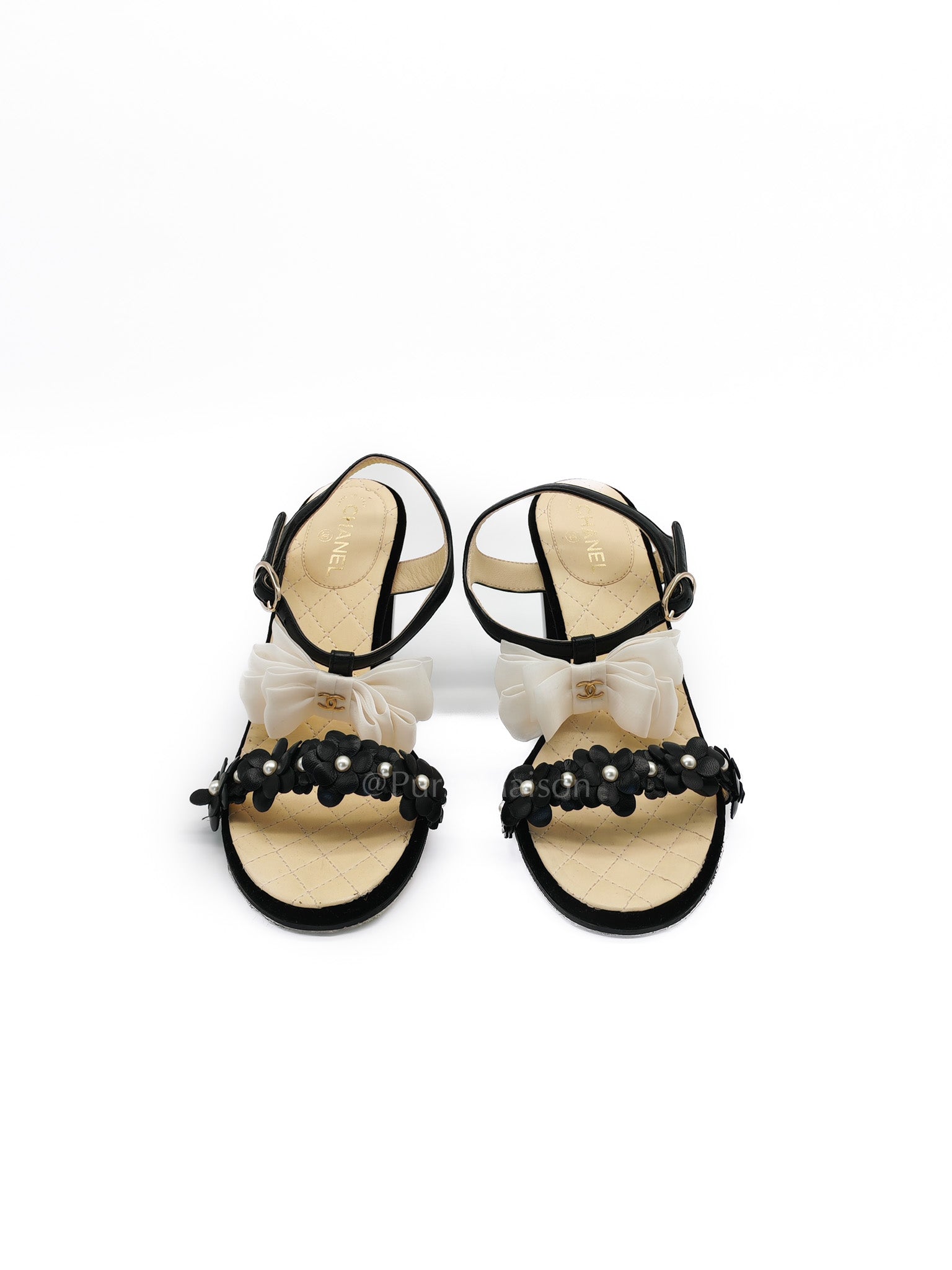 Camellia Pearl Embellished CC Bow Ankle Strap Lambskin Leather Sandals Size 34.5EU (21.5CM) | Purse Maison Luxury Bags Shop