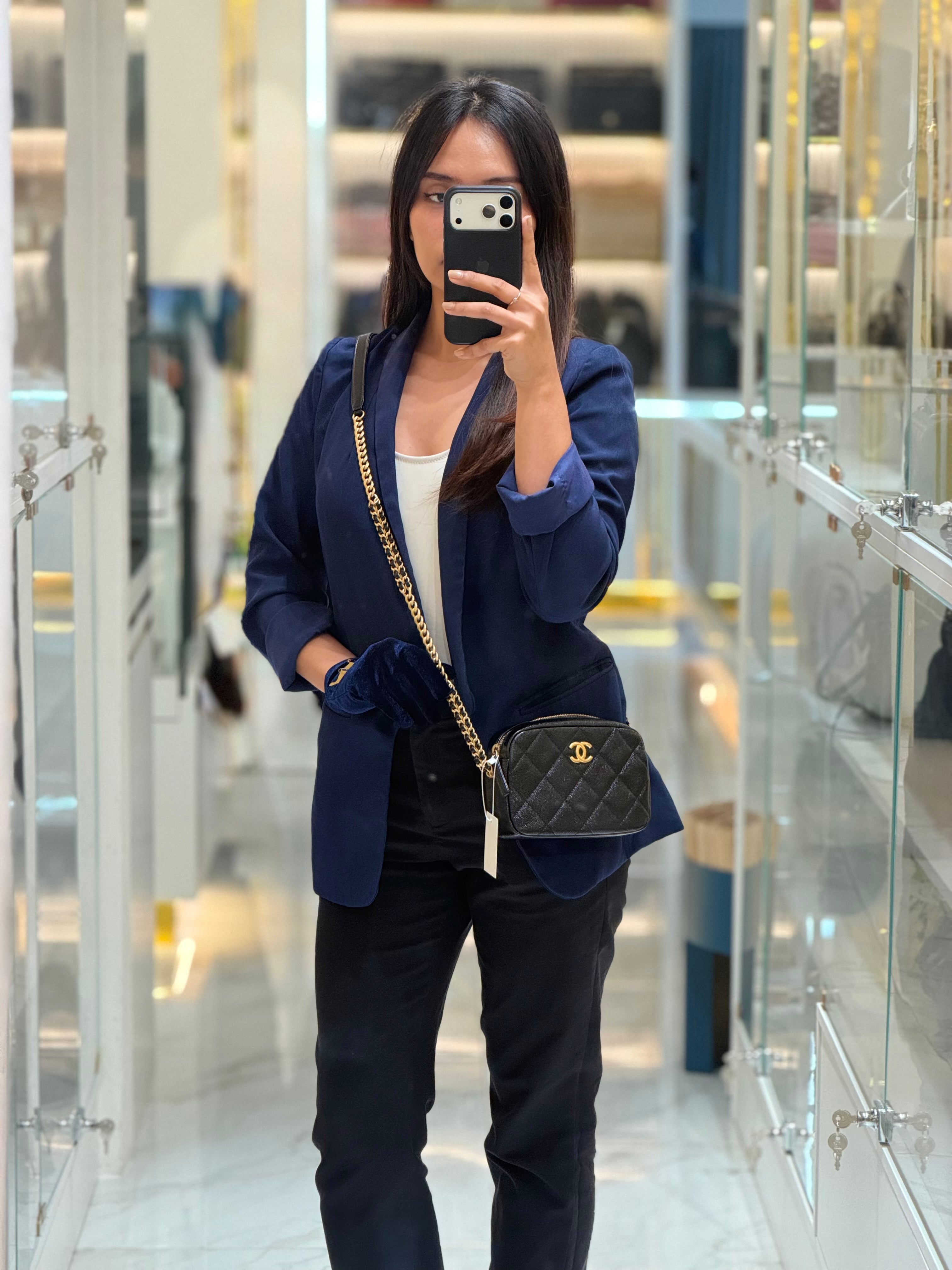 Camera Bag Mini in Black Quilted Caviar Leather & Aged Gold Hardware Microchip | Purse Maison Luxury Bags Shop