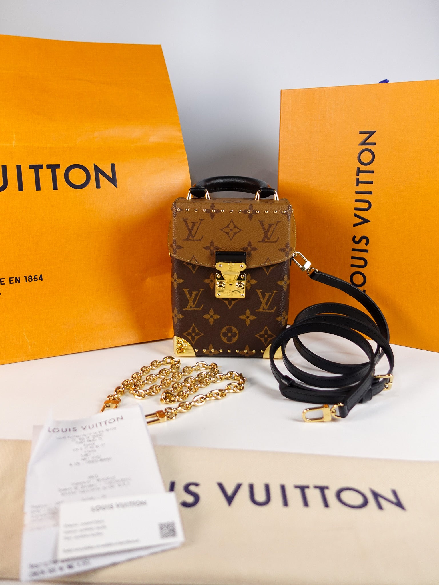 Camera Box Shoulder Bag in Reverse Monogram Canvas Gold Hardware Microchip | Purse Maison Luxury Bags Shop