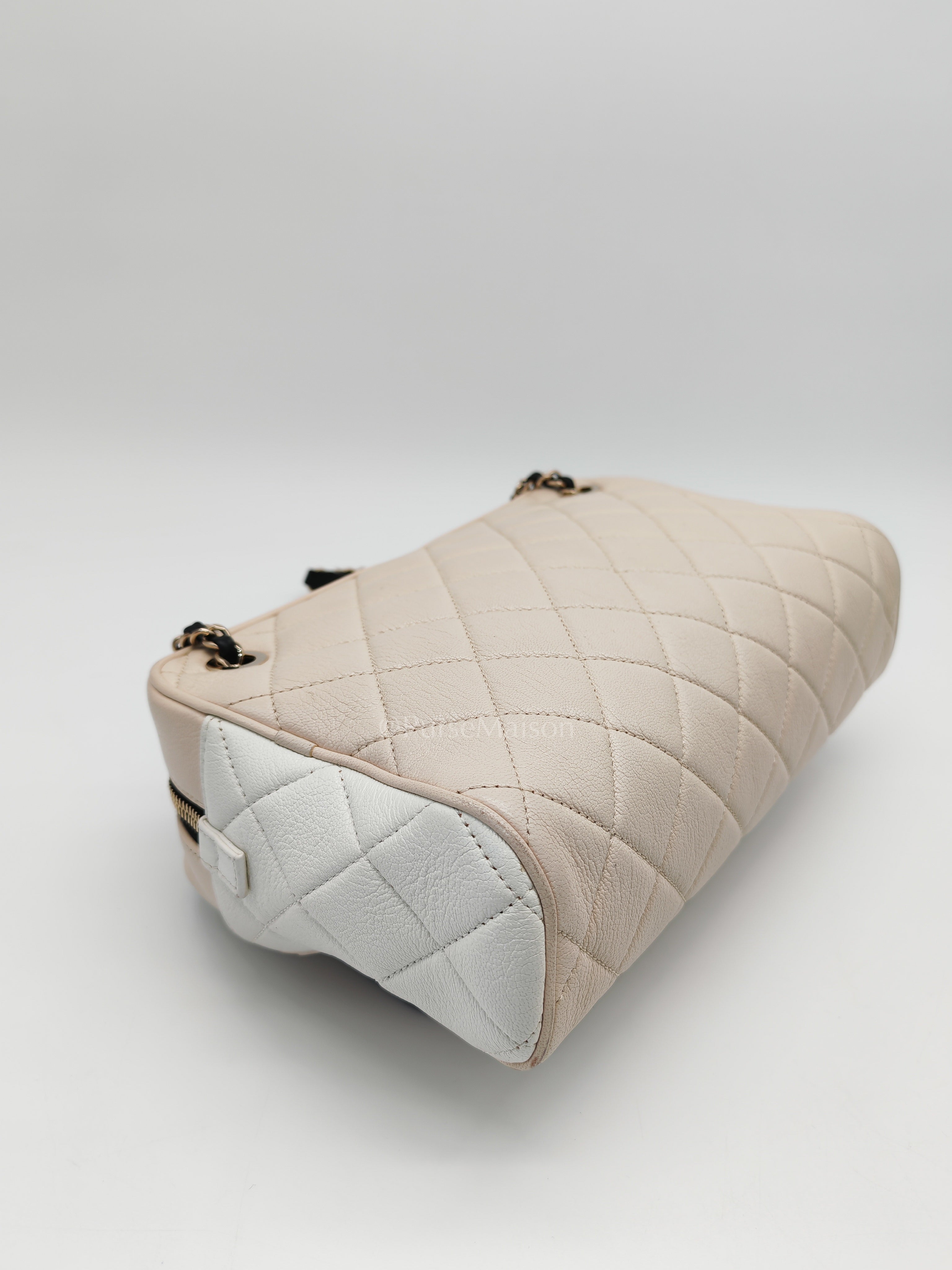 Camera Case Bag in Tricolor Beige/White/Black Quilted Goatskin Leather & Light Gold Hardware Series 29 | Purse Maison Luxury Bags Shop