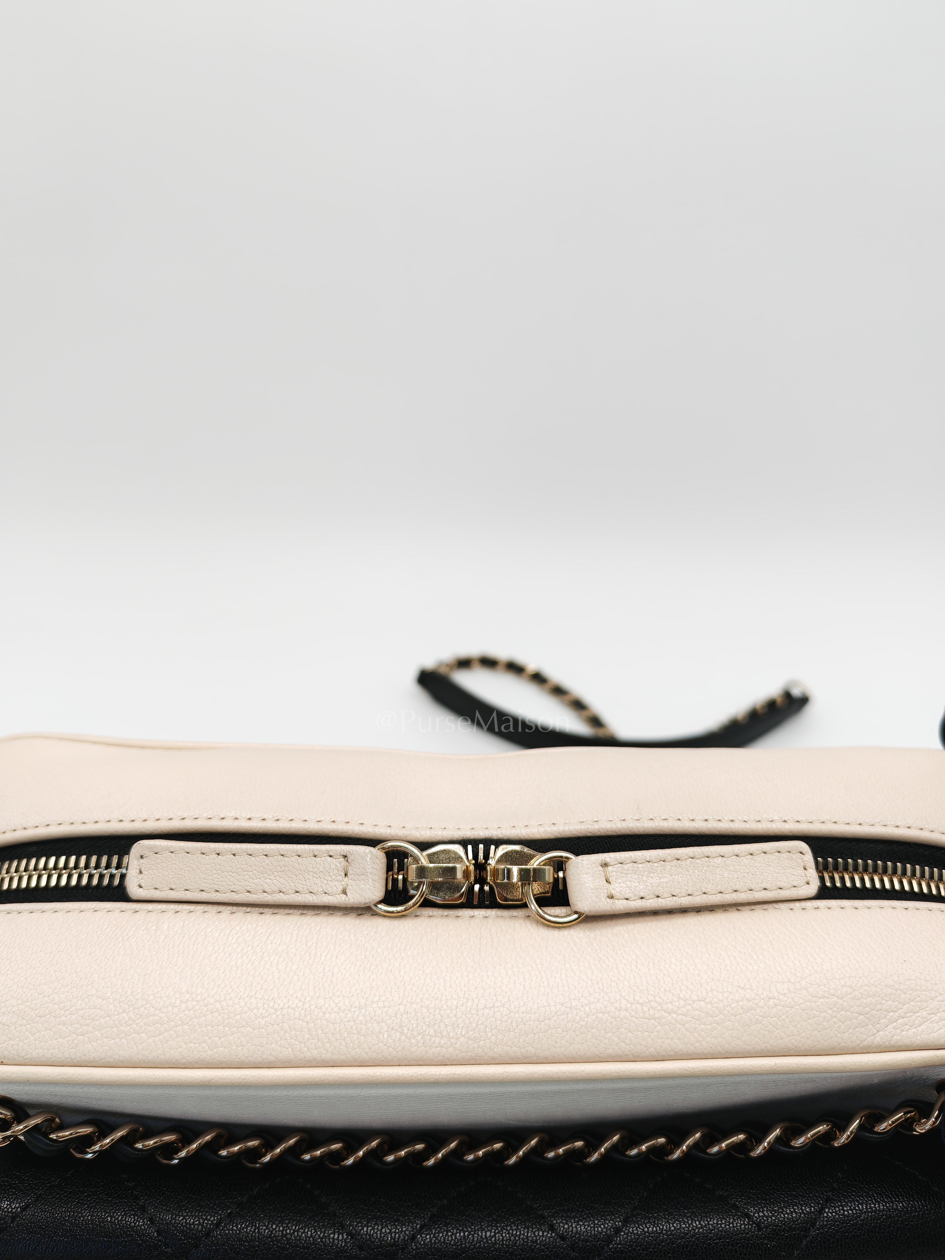Camera Case Bag in Tricolor Beige/White/Black Quilted Goatskin Leather & Light Gold Hardware Series 29 | Purse Maison Luxury Bags Shop