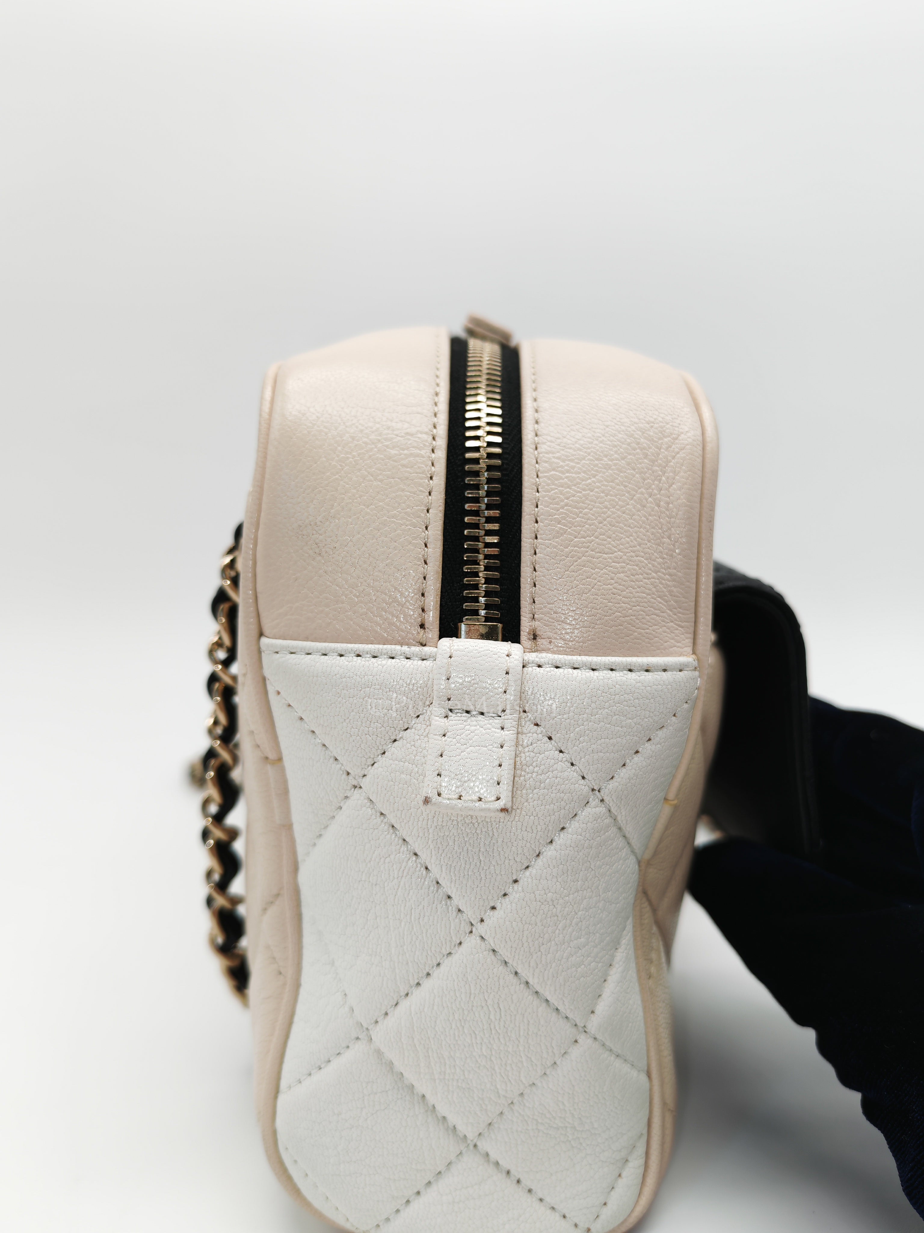Camera Case Bag in Tricolor Beige/White/Black Quilted Goatskin Leather & Light Gold Hardware Series 29 | Purse Maison Luxury Bags Shop