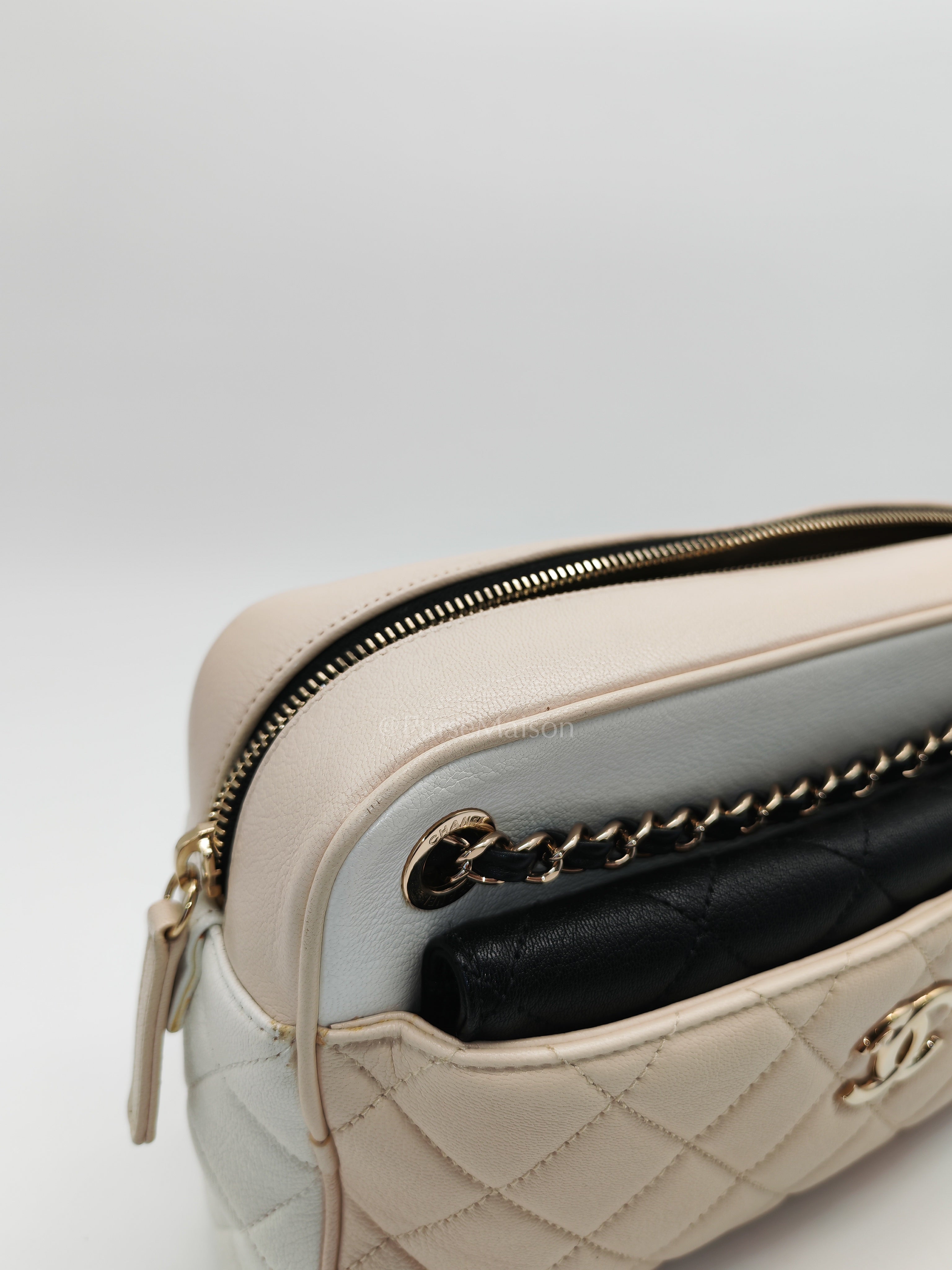 Camera Case Bag in Tricolor Beige/White/Black Quilted Goatskin Leather & Light Gold Hardware Series 29 | Purse Maison Luxury Bags Shop