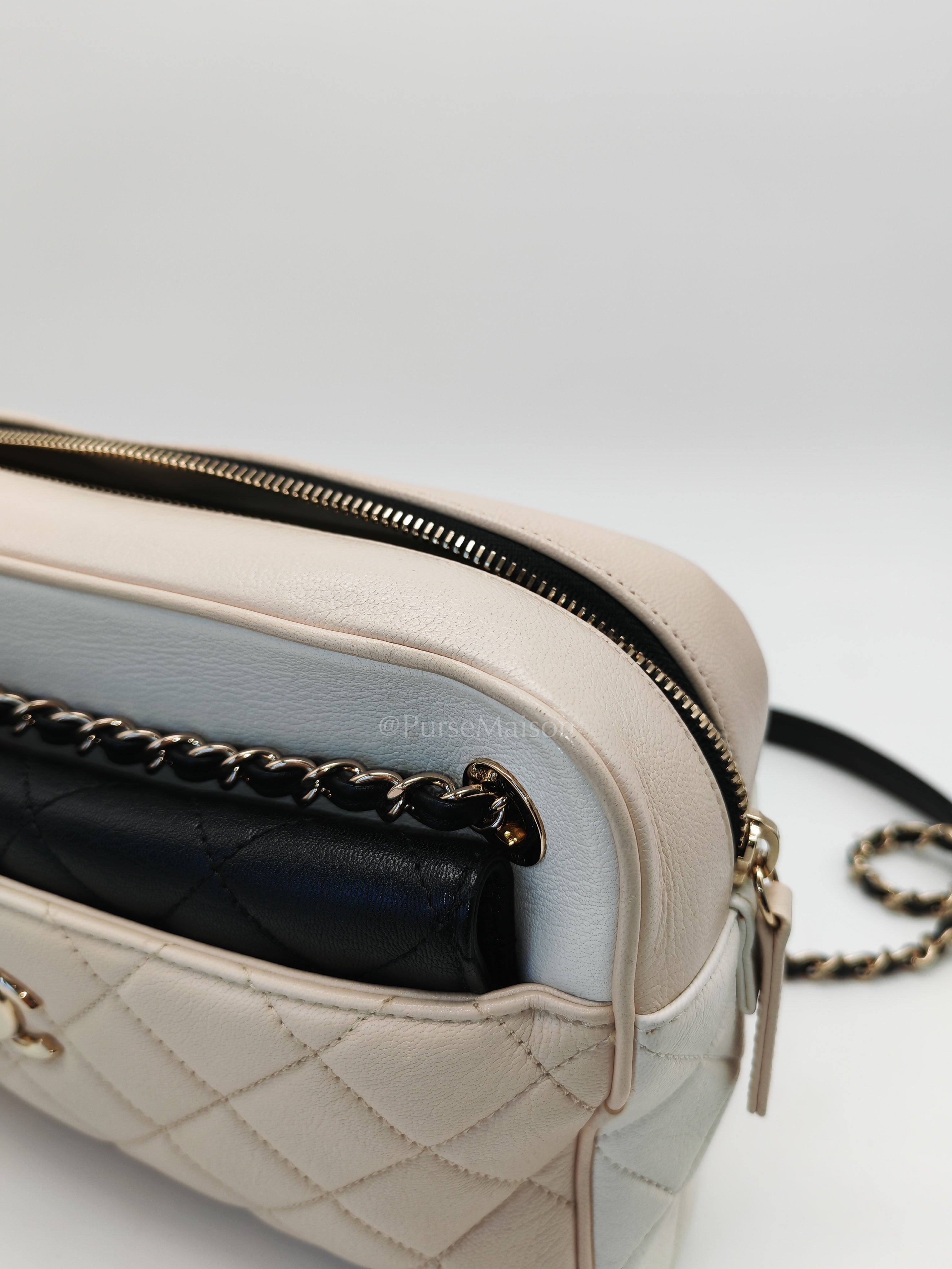 Camera Case Bag in Tricolor Beige/White/Black Quilted Goatskin Leather & Light Gold Hardware Series 29 | Purse Maison Luxury Bags Shop