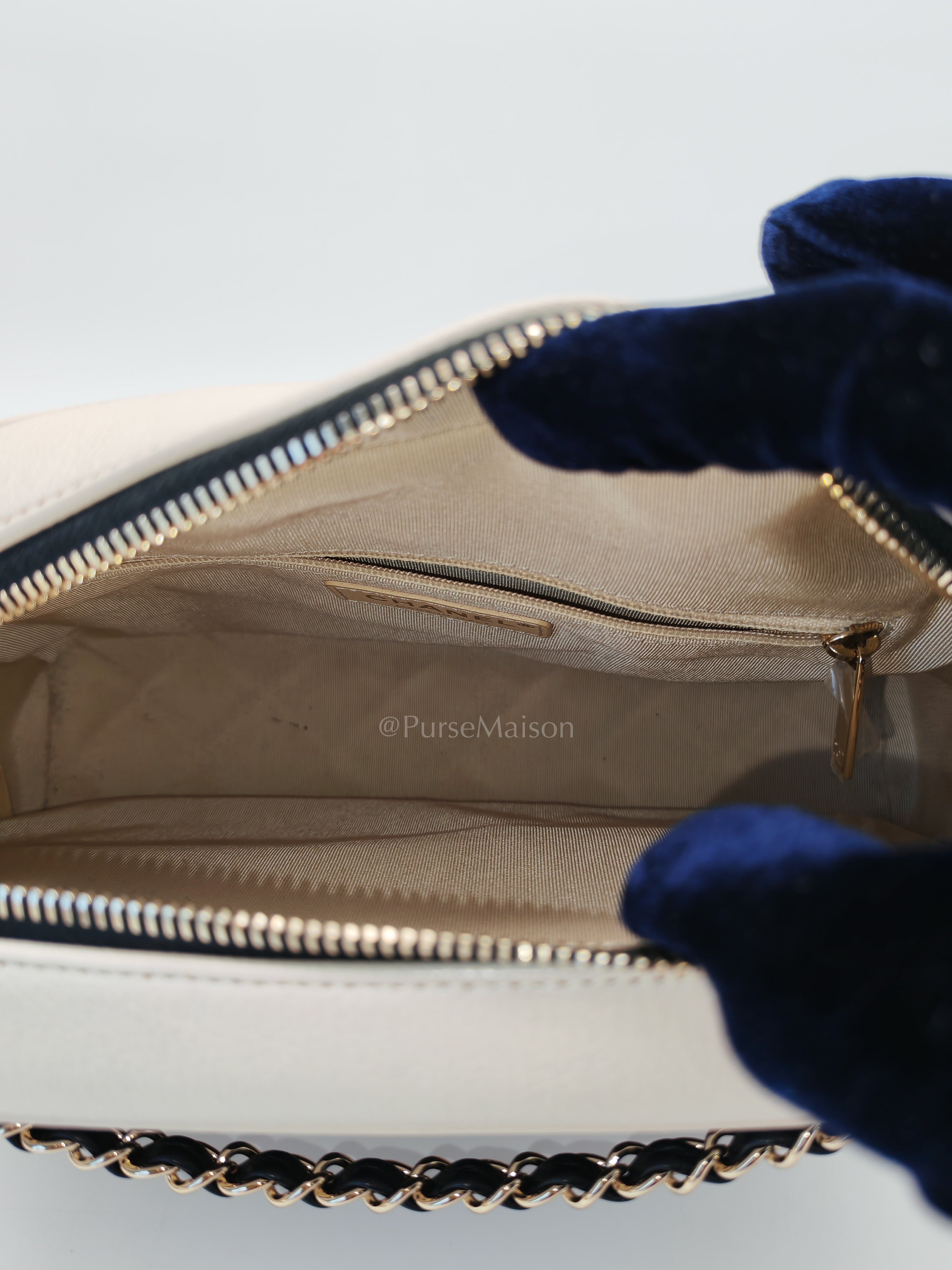 Camera Case Bag in Tricolor Beige/White/Black Quilted Goatskin Leather & Light Gold Hardware Series 29 | Purse Maison Luxury Bags Shop