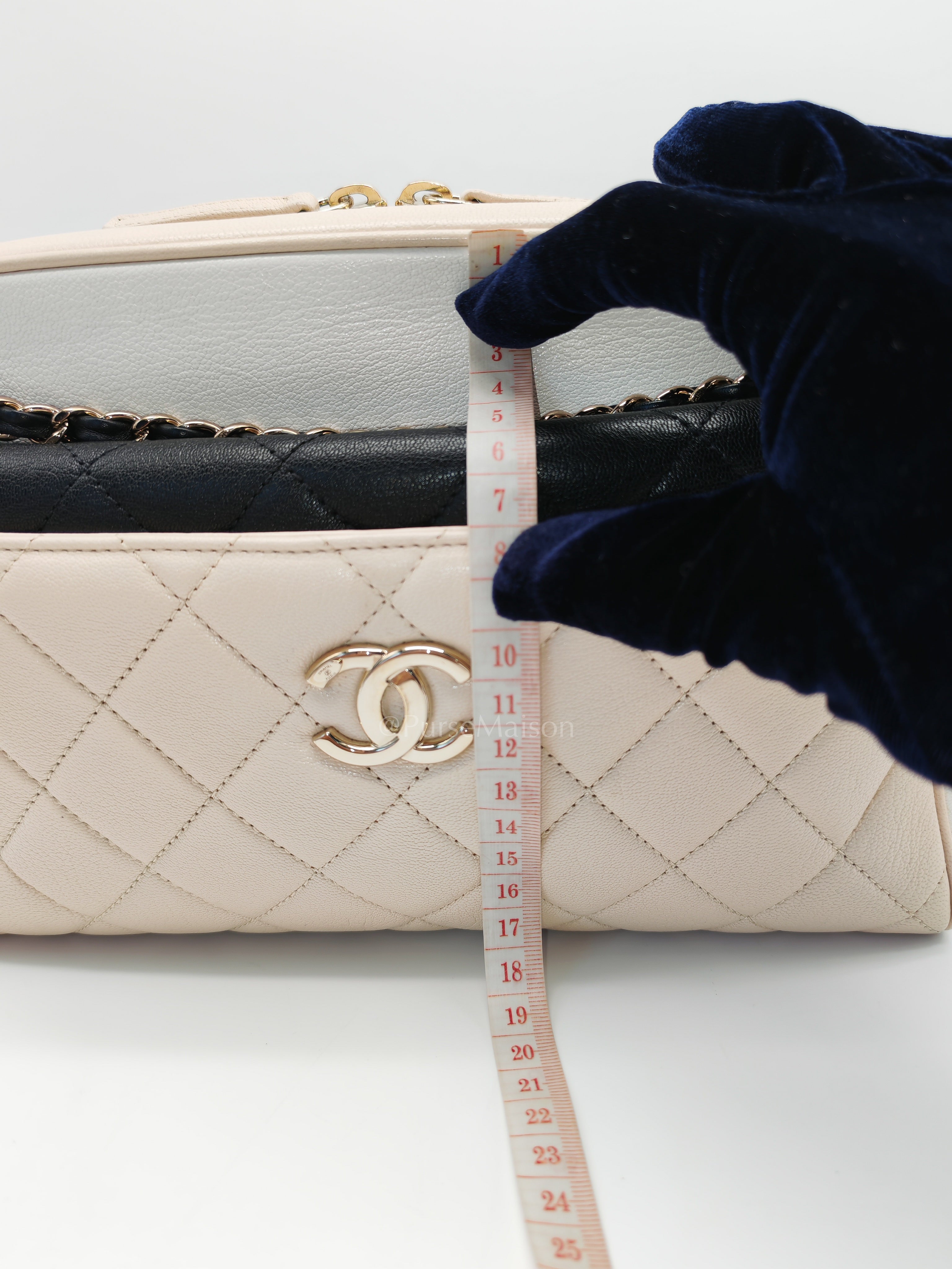 Camera Case Bag in Tricolor Beige/White/Black Quilted Goatskin Leather & Light Gold Hardware Series 29 | Purse Maison Luxury Bags Shop