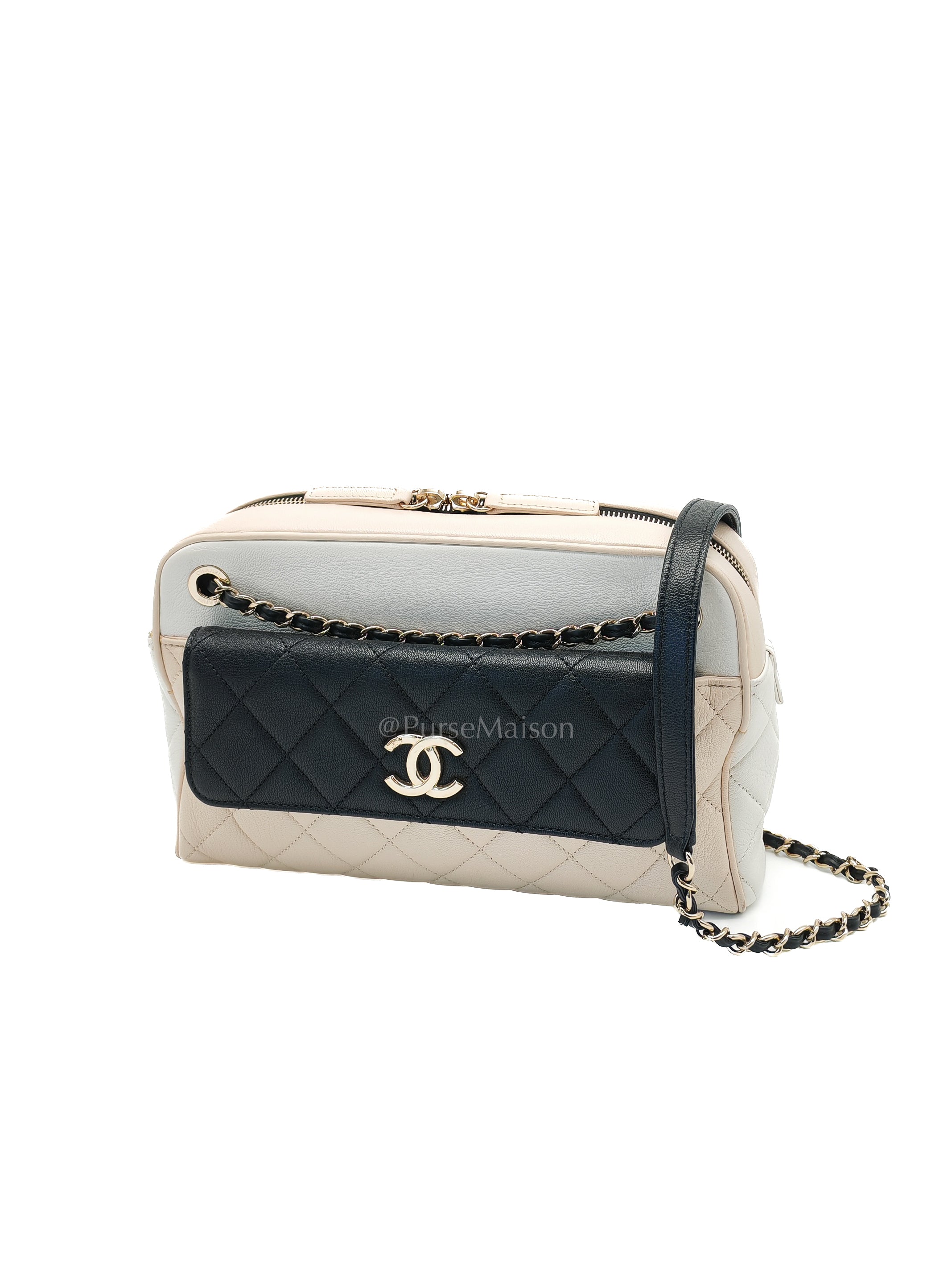 Camera Case Bag in Tricolor Beige/White/Black Quilted Goatskin Leather & Light Gold Hardware Series 29 | Purse Maison Luxury Bags Shop