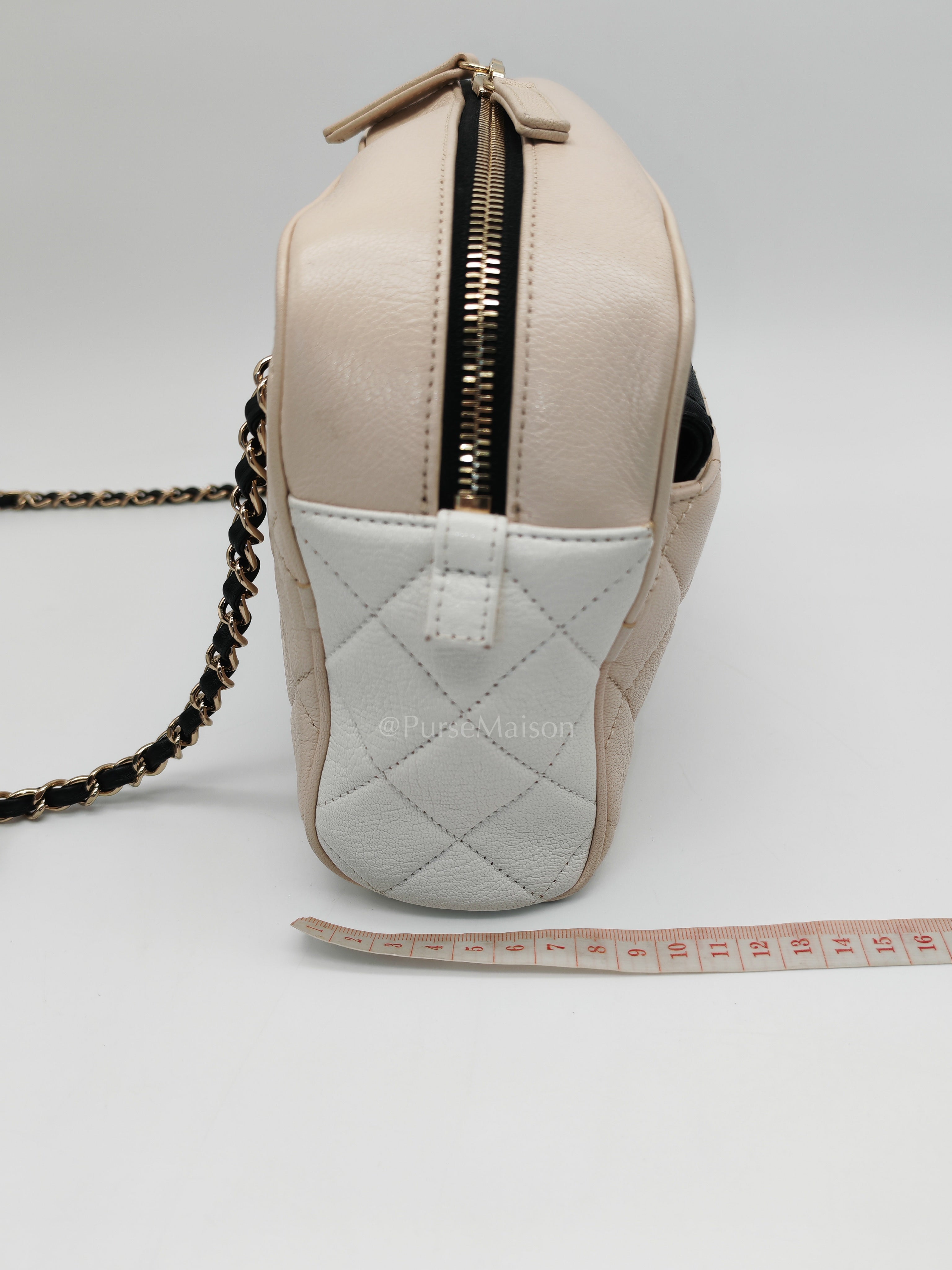 Camera Case Bag in Tricolor Beige/White/Black Quilted Goatskin Leather & Light Gold Hardware Series 29 | Purse Maison Luxury Bags Shop