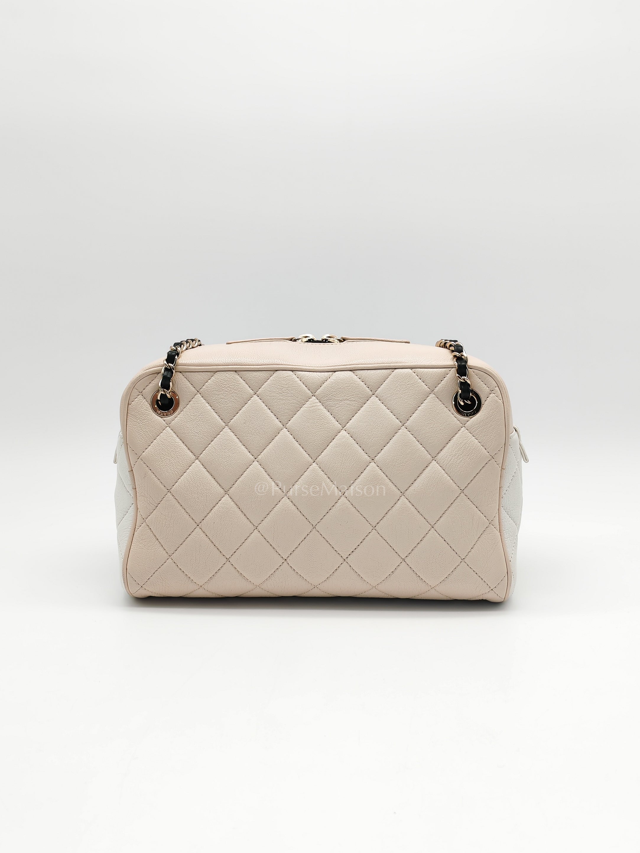Camera Case Bag in Tricolor Beige/White/Black Quilted Goatskin Leather & Light Gold Hardware Series 29 | Purse Maison Luxury Bags Shop