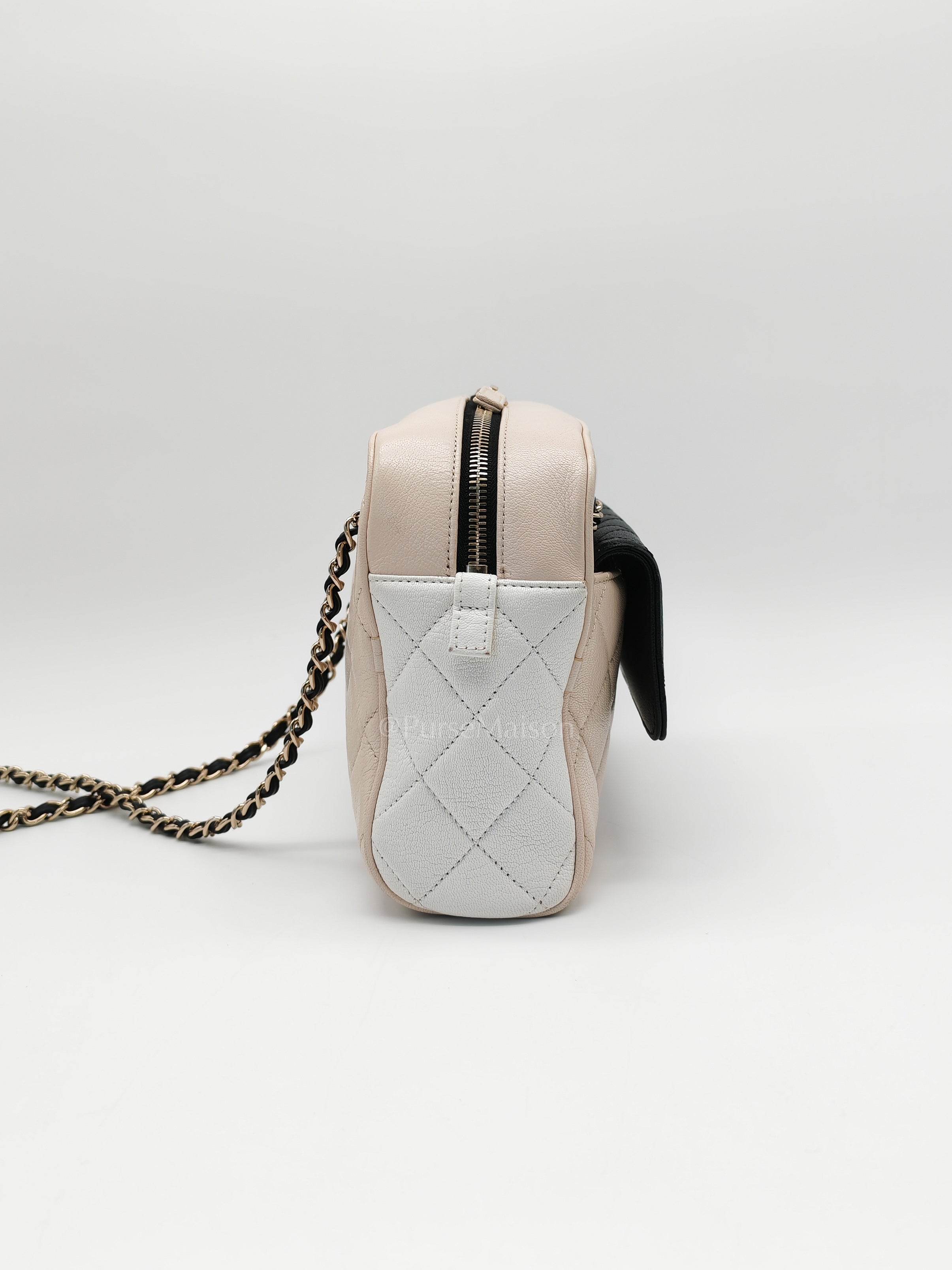 Camera Case Bag in Tricolor Beige/White/Black Quilted Goatskin Leather & Light Gold Hardware Series 29 | Purse Maison Luxury Bags Shop