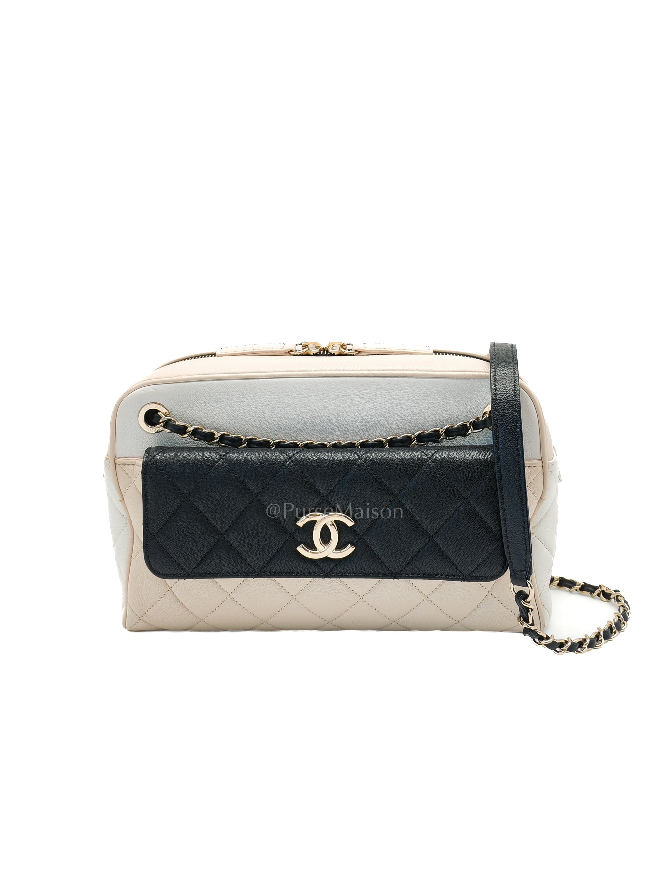 Camera Case Bag in Tricolor Beige/White/Black Quilted Goatskin Leather & Light Gold Hardware Series 29 | Purse Maison Luxury Bags Shop