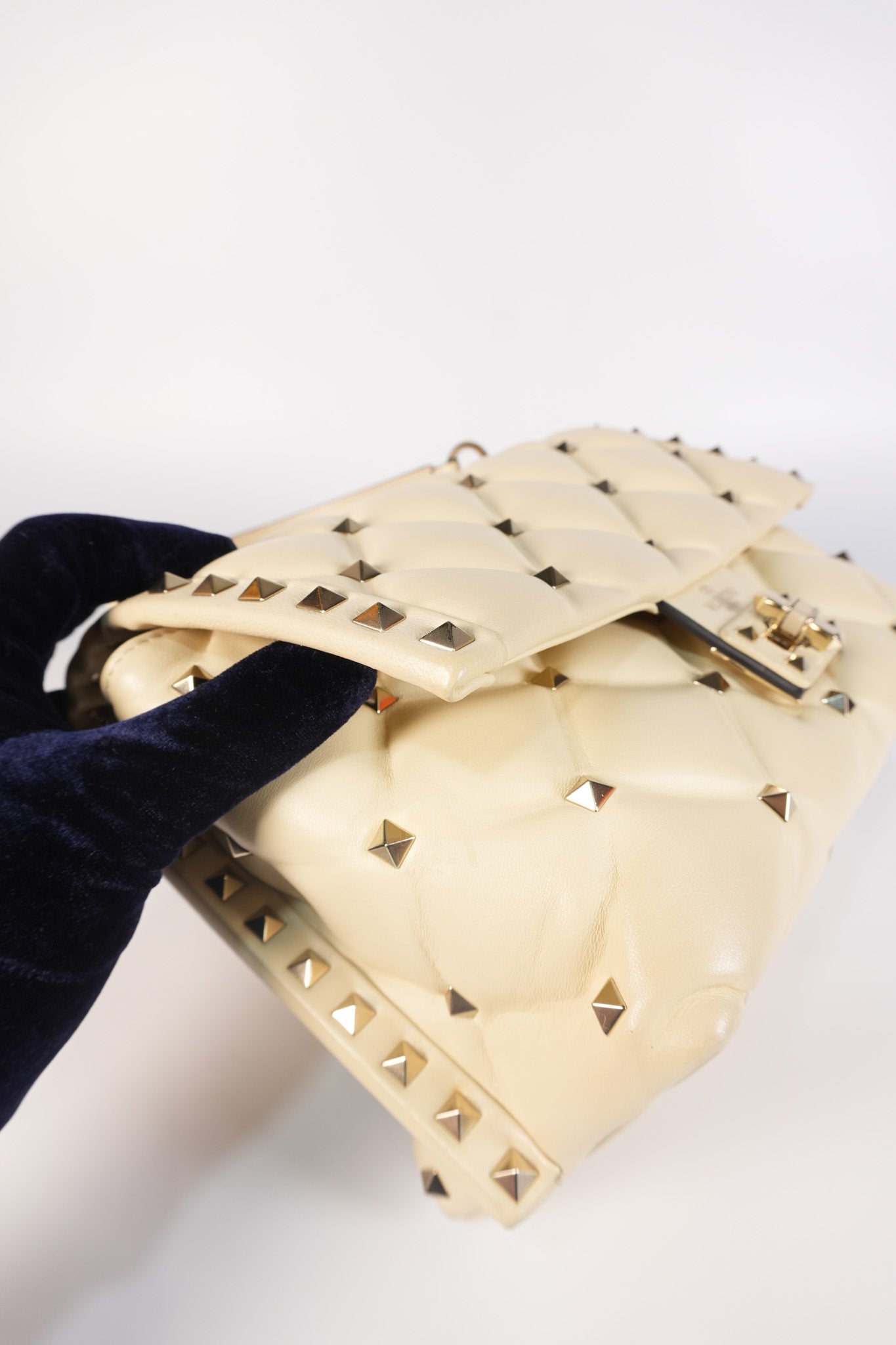 Candystud Nappa Top Handle in Light Beige Smooth Calfskin Leather | Purse Maison Luxury Bags Shop