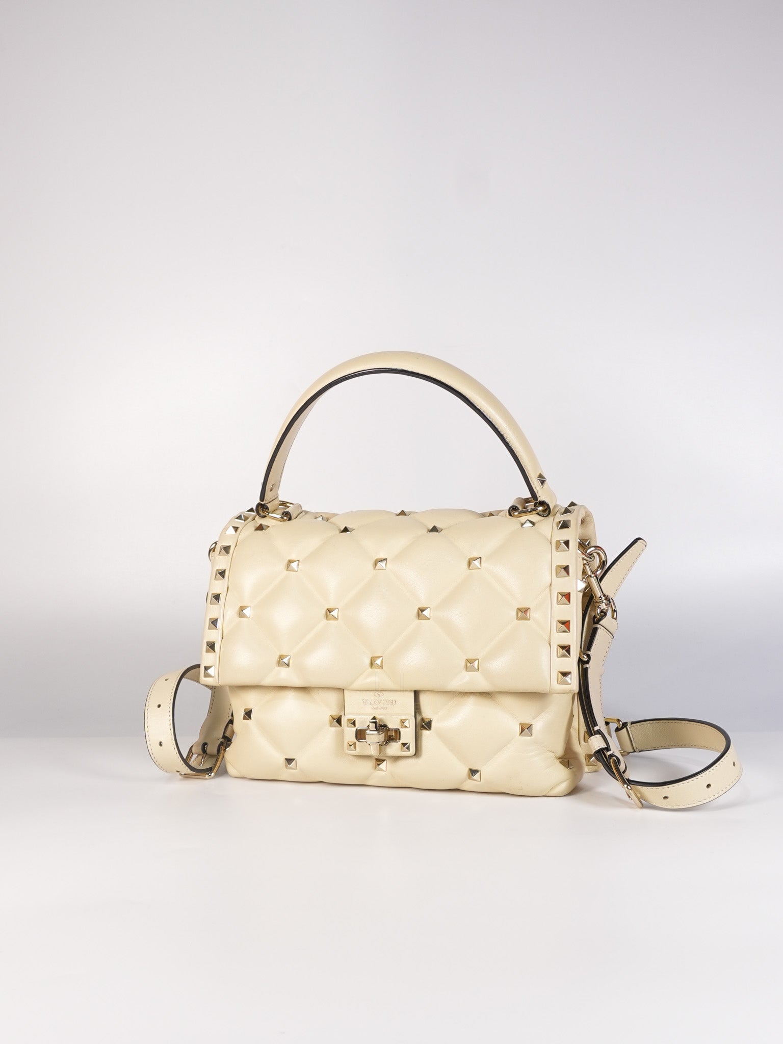 Candystud Nappa Top Handle in Light Beige Smooth Calfskin Leather | Purse Maison Luxury Bags Shop