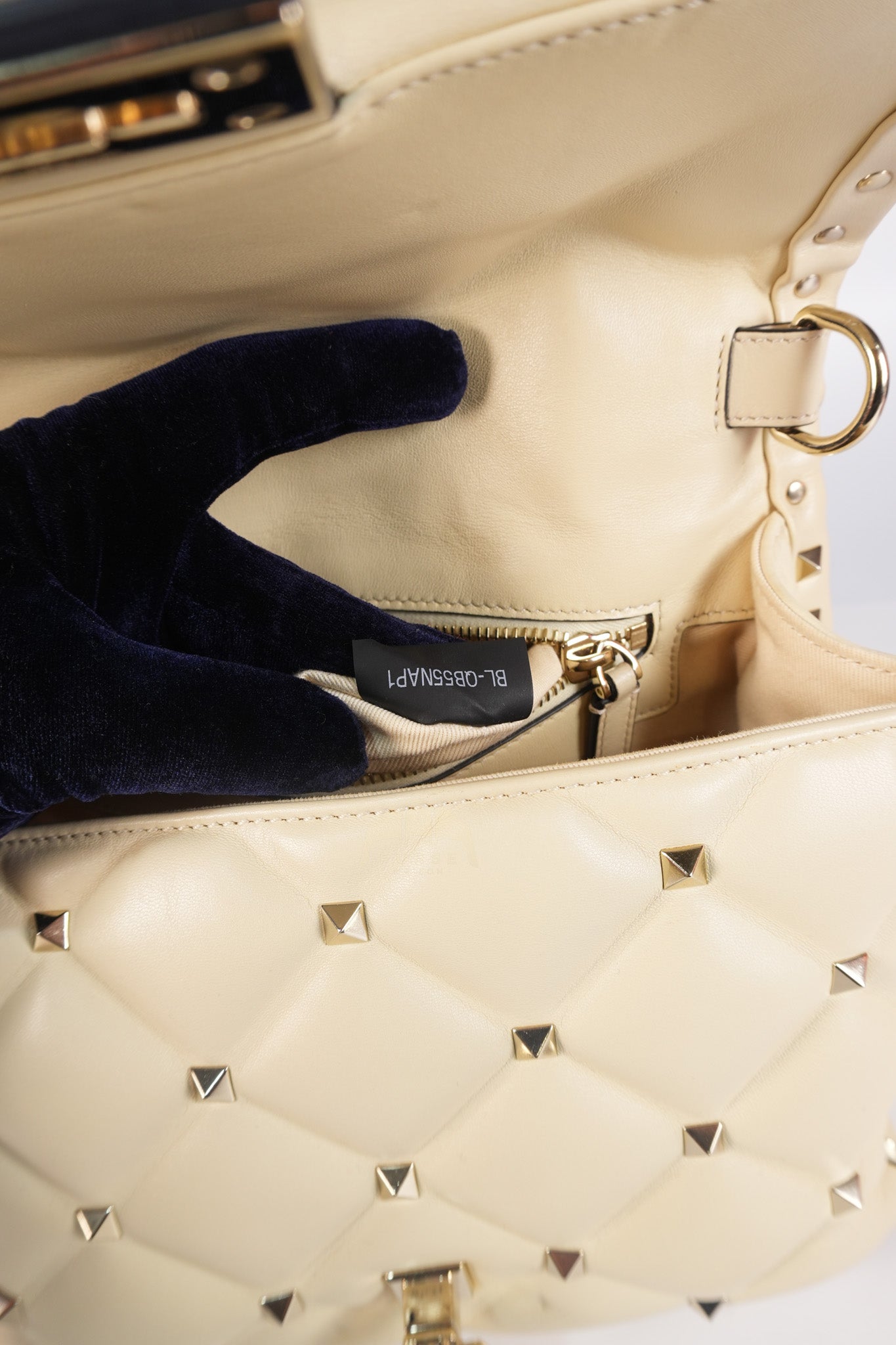 Candystud Nappa Top Handle in Light Beige Smooth Calfskin Leather | Purse Maison Luxury Bags Shop
