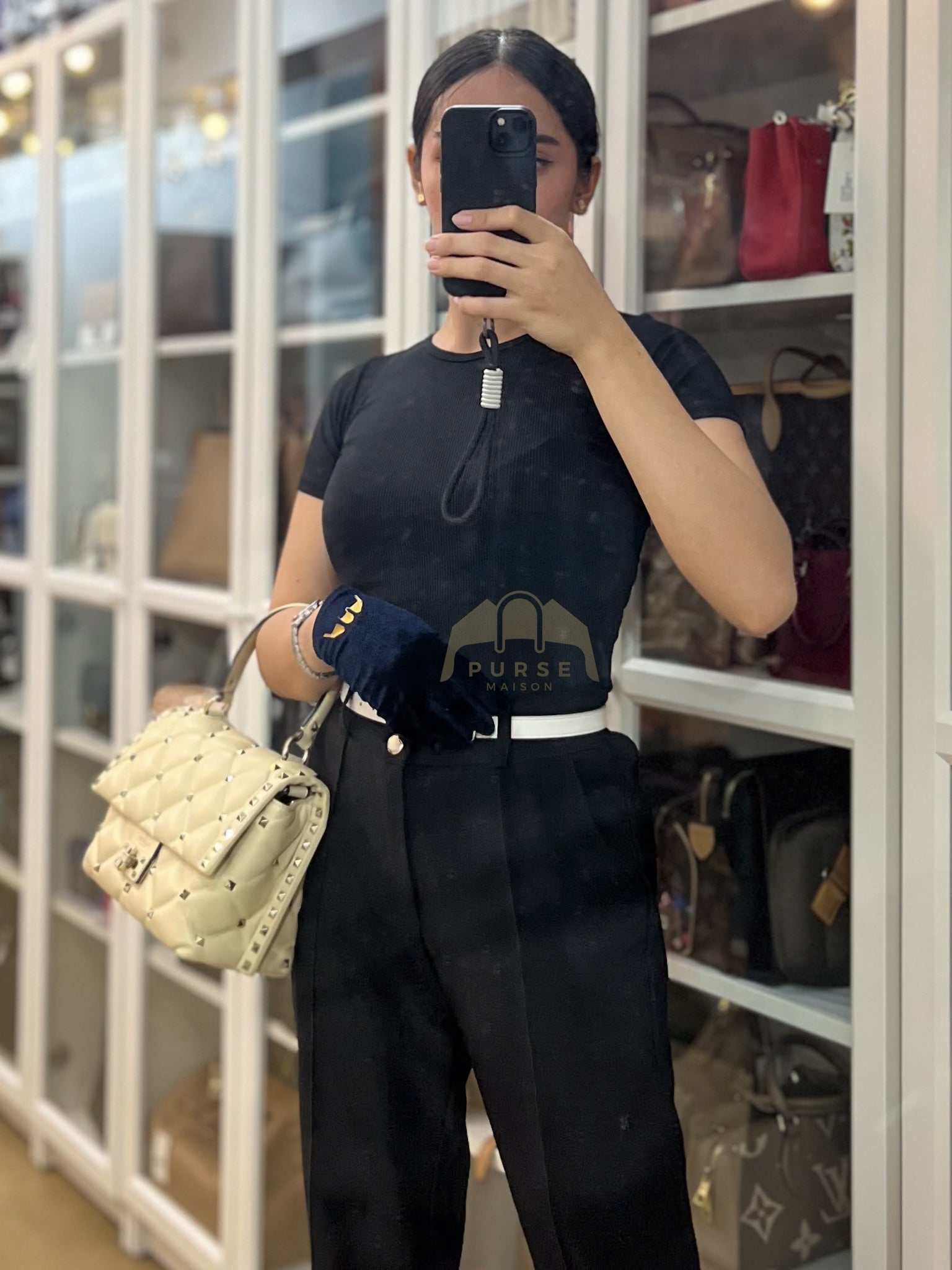 Candystud Nappa Top Handle in Light Beige Smooth Calfskin Leather | Purse Maison Luxury Bags Shop