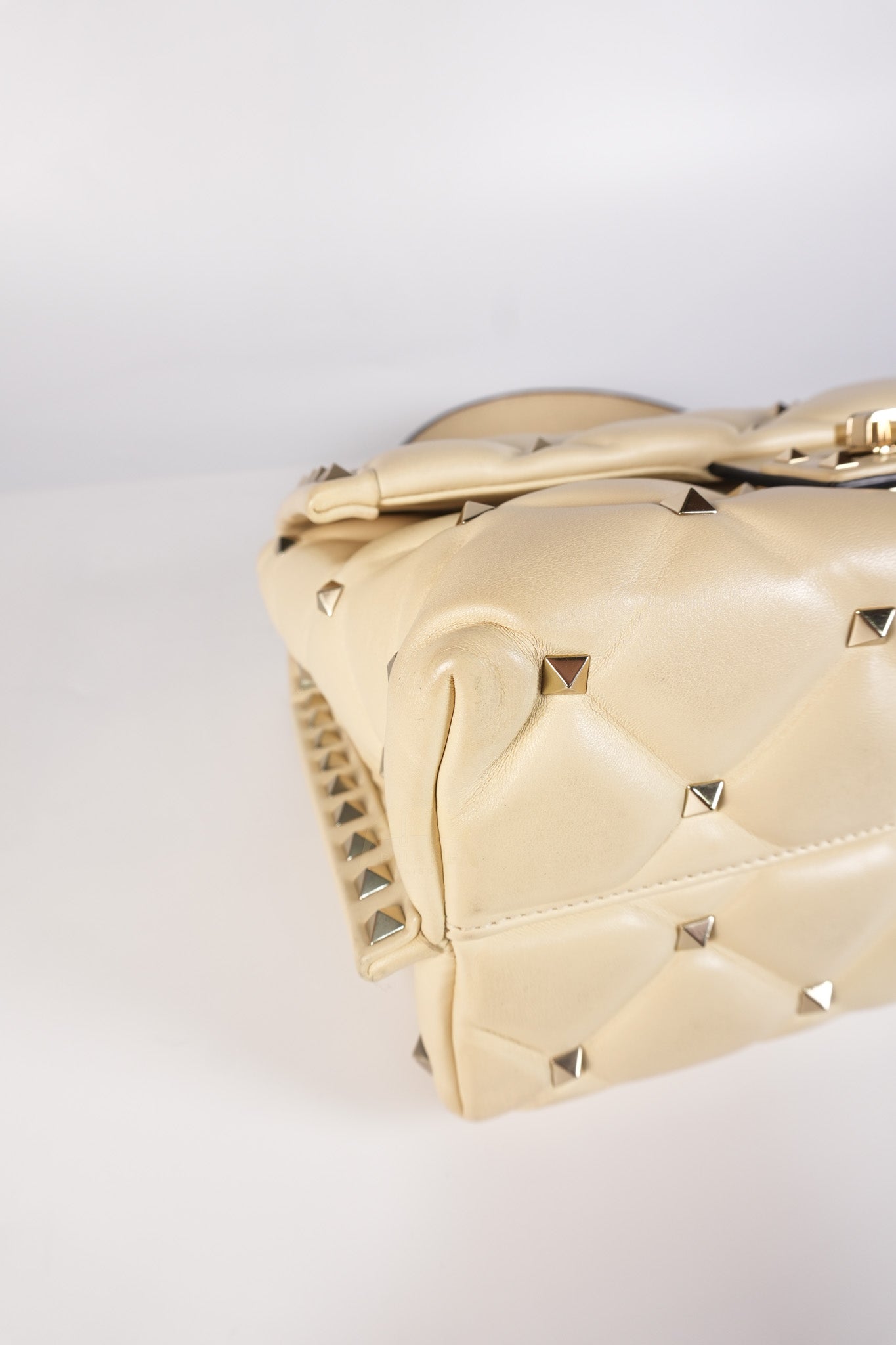 Candystud Nappa Top Handle in Light Beige Smooth Calfskin Leather | Purse Maison Luxury Bags Shop