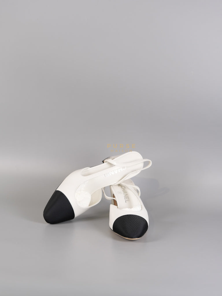 Cap Toe CC Slingback Pumps in White Lambskin Leather Size 38 EU(25 cm) | Purse Maison Luxury Bags Shop