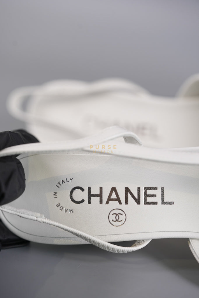 Cap Toe CC Slingback Pumps in White Lambskin Leather Size 38 EU(25 cm) | Purse Maison Luxury Bags Shop