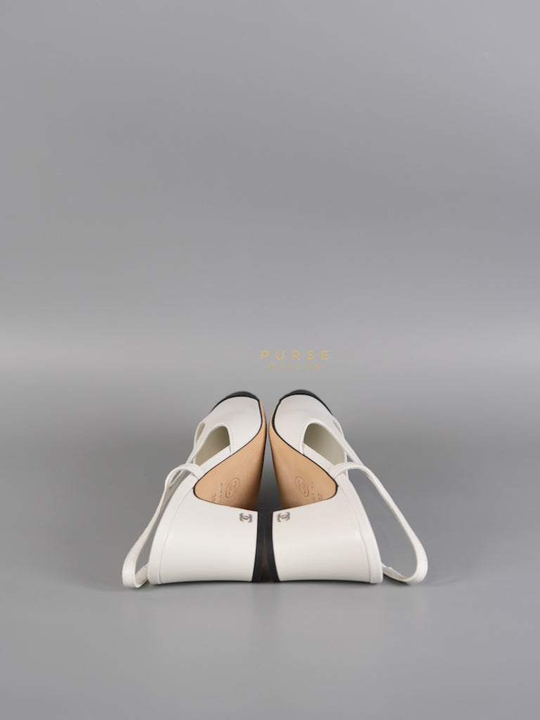 Cap Toe CC Slingback Pumps in White Lambskin Leather Size 38 EU(25 cm) | Purse Maison Luxury Bags Shop