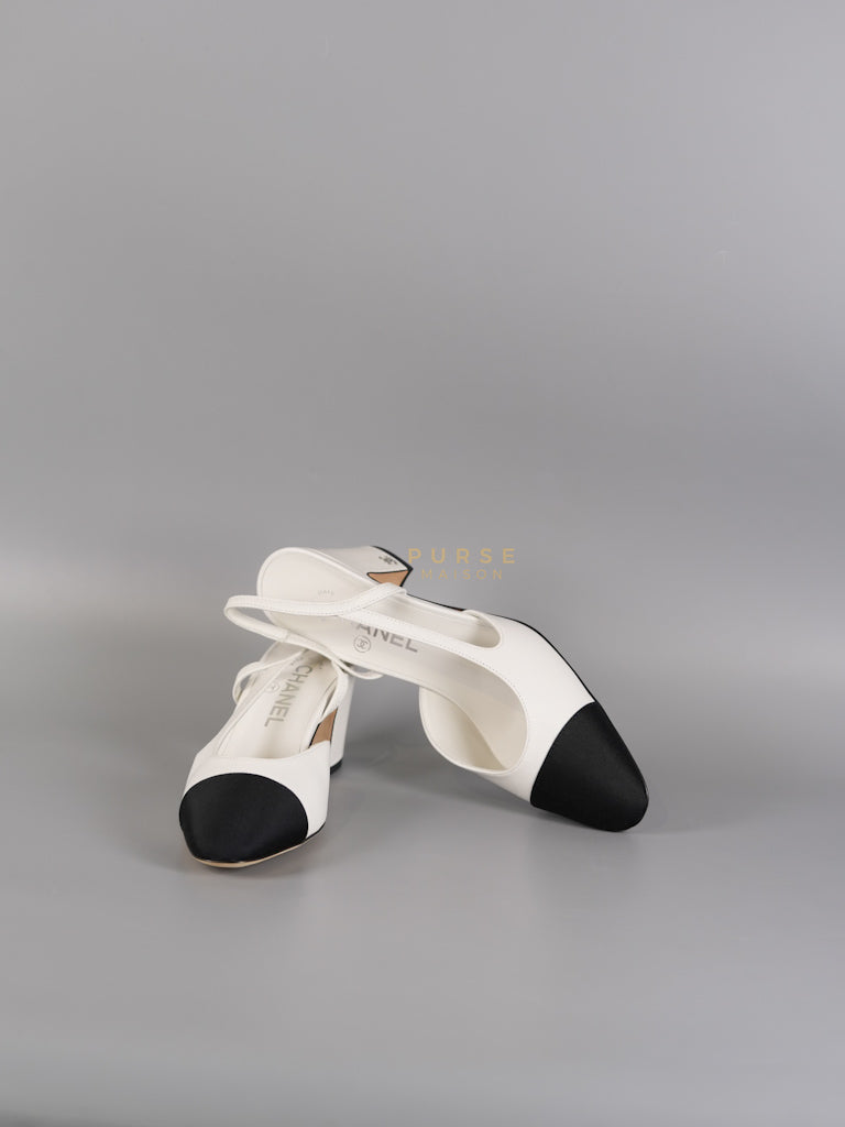 Cap Toe CC Slingback Pumps in White Lambskin Leather Size 38 EU(25 cm) | Purse Maison Luxury Bags Shop