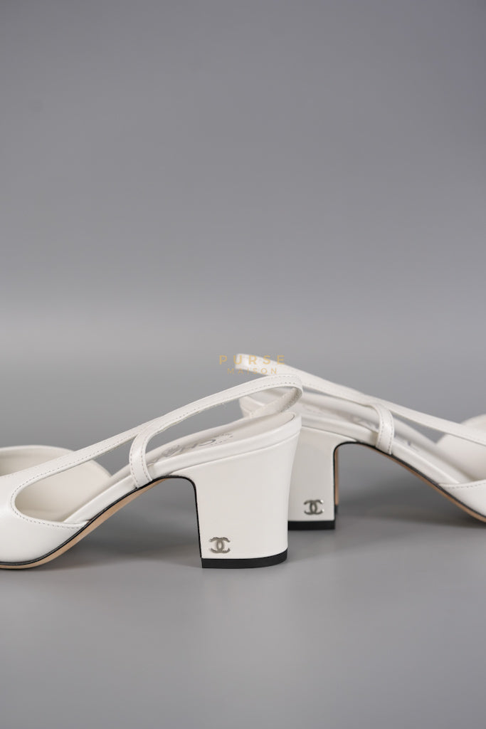 Cap Toe CC Slingback Pumps in White Lambskin Leather Size 38 EU(25 cm) | Purse Maison Luxury Bags Shop