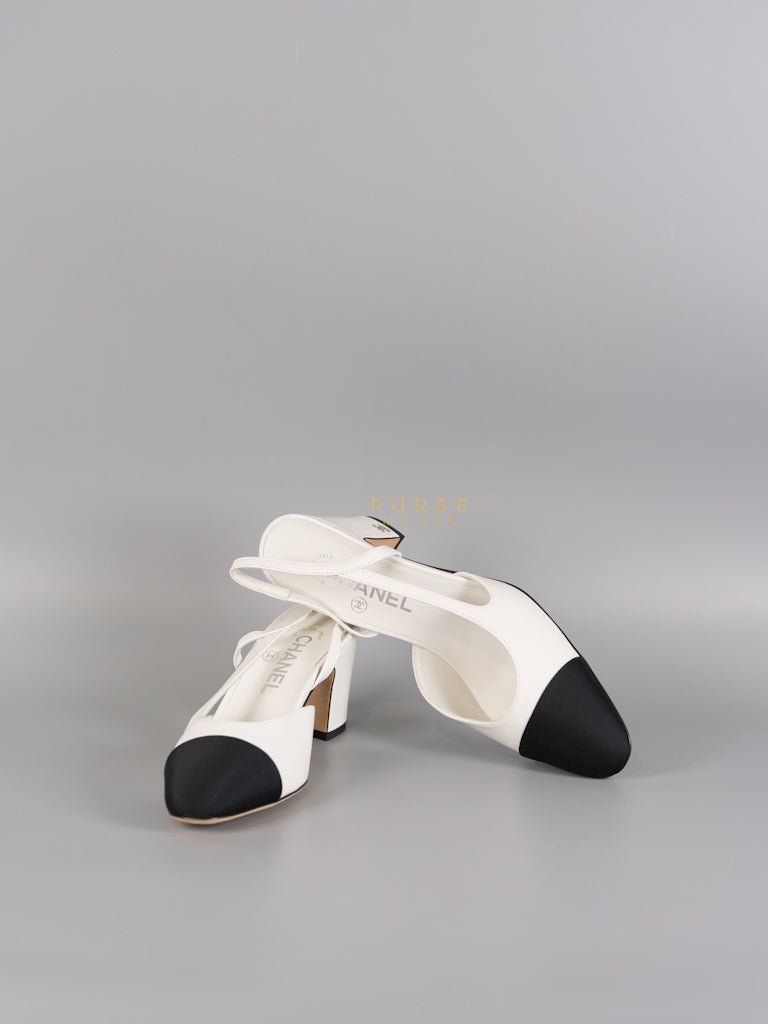 Cap Toe CC Slingback Pumps in White Lambskin Leather Size 38 EU(25 cm) | Purse Maison Luxury Bags Shop