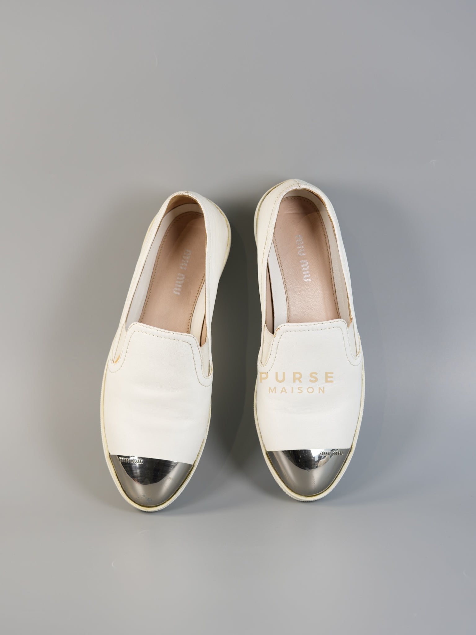 Cap Toe Silver & White Slip on Shoes Size 37.5 EUR (25cm) | Purse Maison Luxury Bags Shop