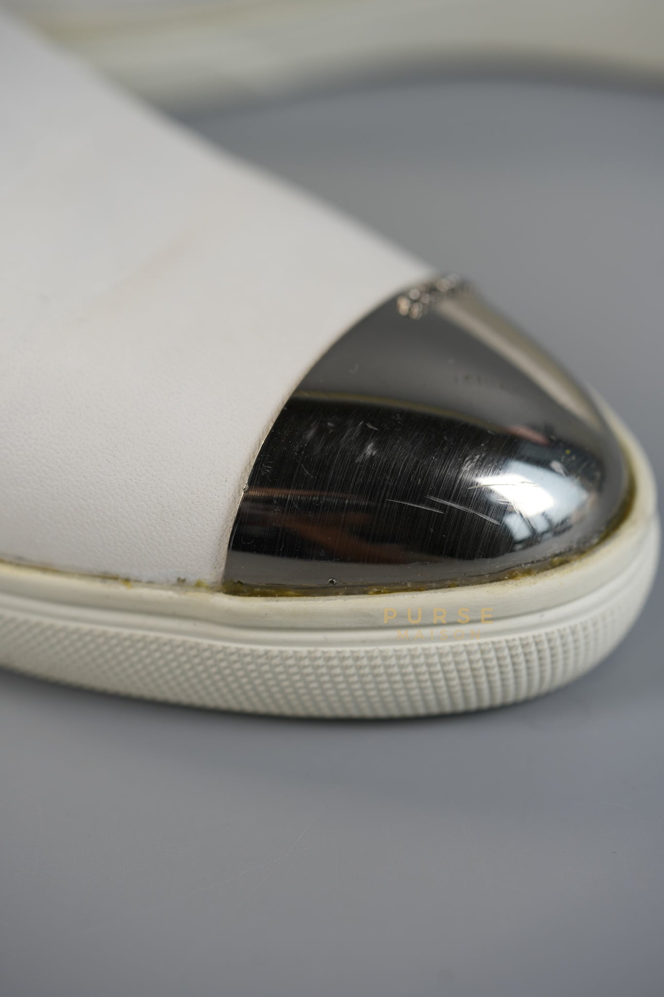 Cap Toe Silver & White Slip on Shoes Size 37.5 EUR (25cm) | Purse Maison Luxury Bags Shop