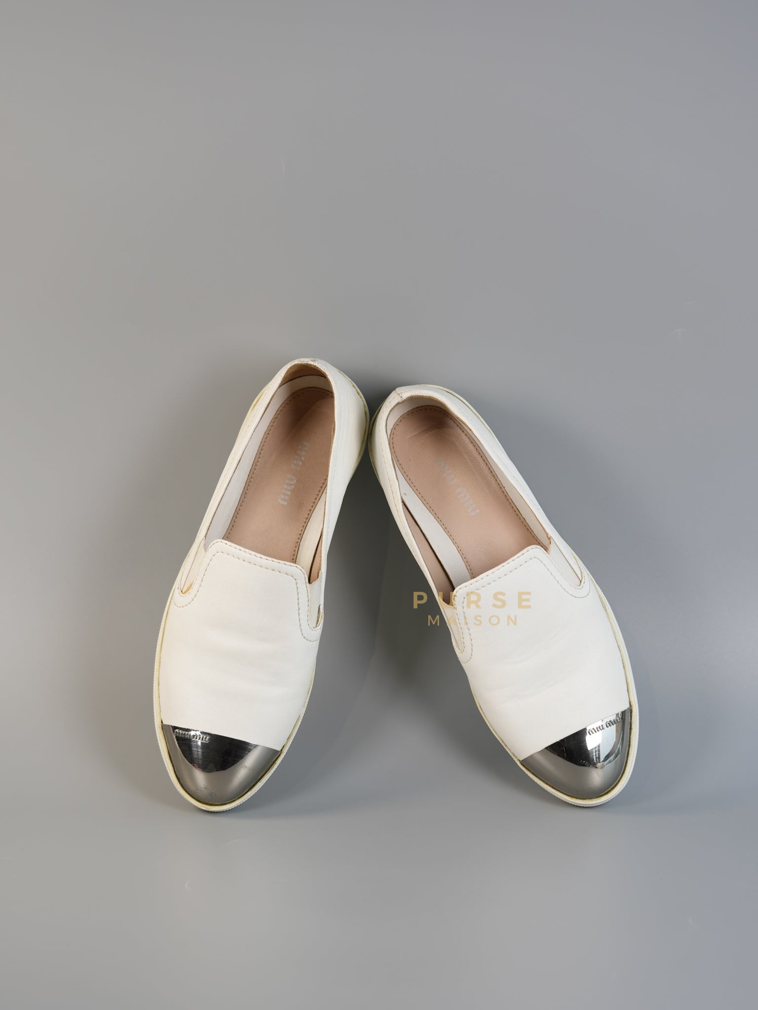 Cap Toe Silver & White Slip on Shoes Size 37.5 EUR (25cm) | Purse Maison Luxury Bags Shop